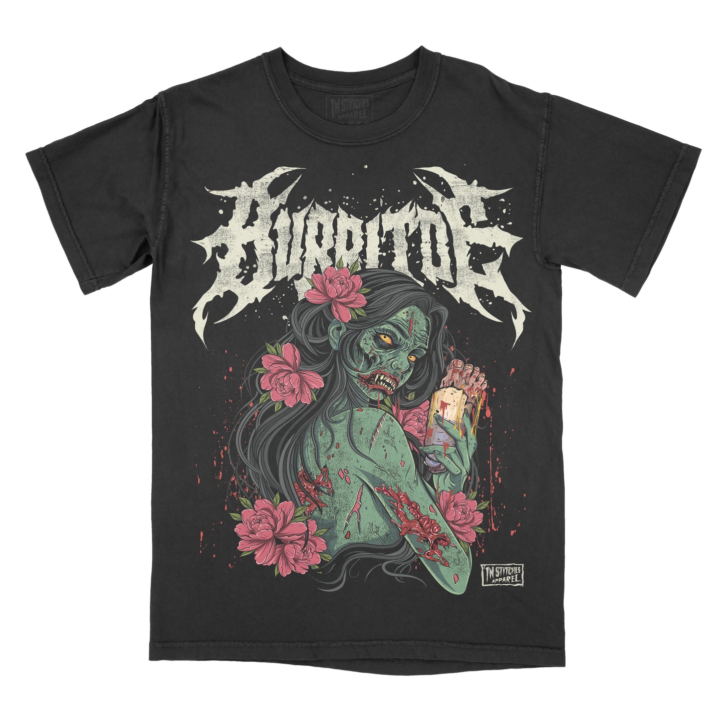 Black vintage-wash graphic T-shirt featuring a zombie girl with long black hair and pink flowers, holding a burrito with a human foot sticking out. The word "BURRITOE" appears above in a distressed metal-inspired font. Bold horror parody design with gore, floral accents, and gothic alternative style.