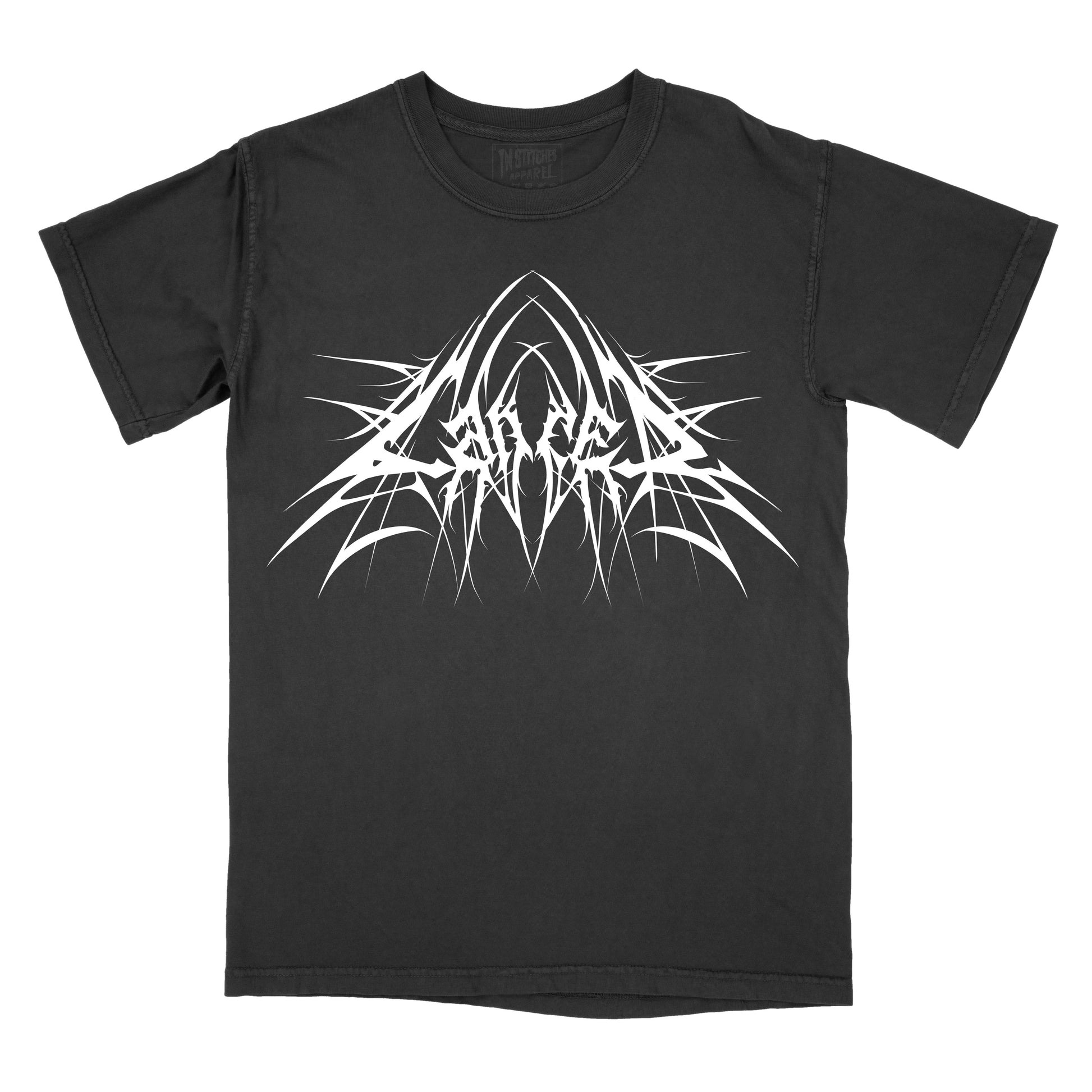 Black T-shirt with the word "cancer" in a white, spiked heavy metal-style font centered across the chest