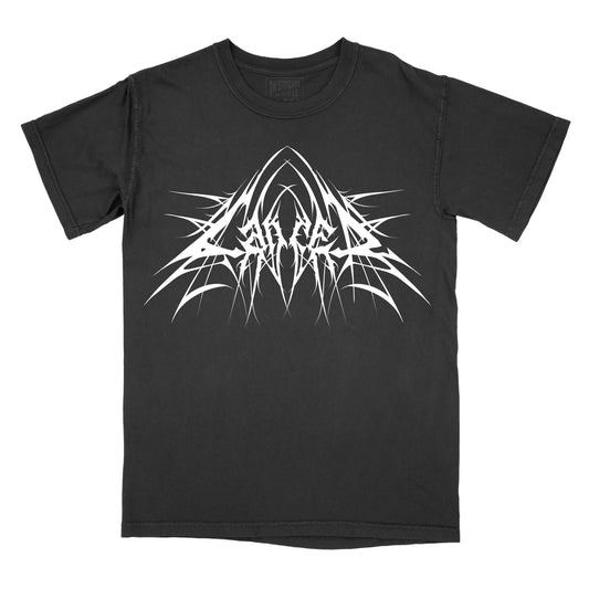 Black T-shirt with the word "cancer" in a white, spiked heavy metal-style font centered across the chest