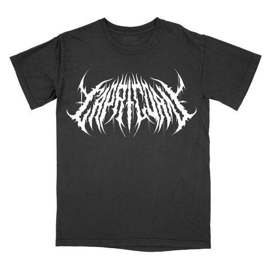 Black T-shirt with the word "Capricorn" in a white, spiked heavy metal-style font centered across the chest