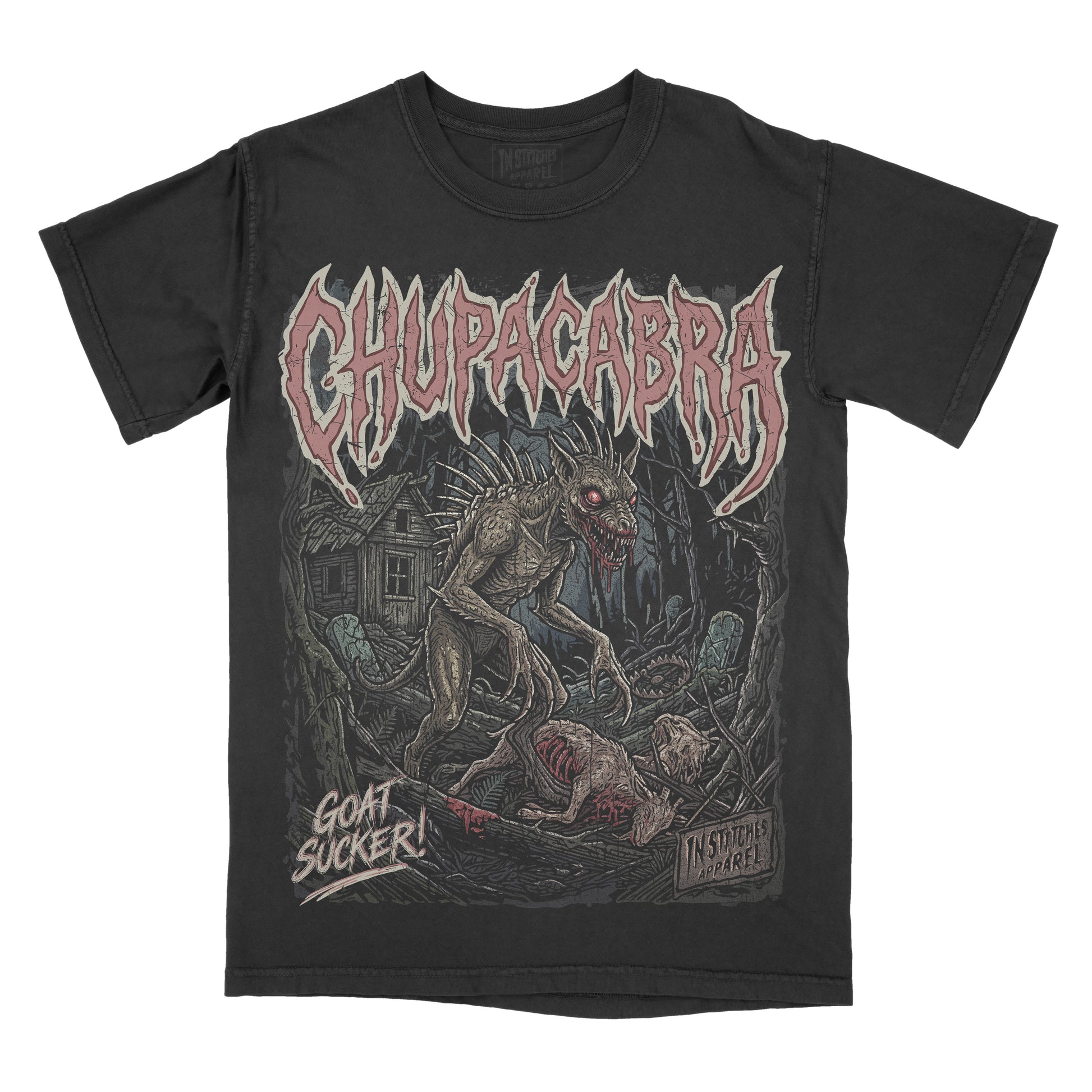 A black short-sleeve graphic t-shirt featuring the band Chupacabra with a large horror-themed illustration on the front, including the text 'Chupacabra' and 'Goat Sucker!'.
