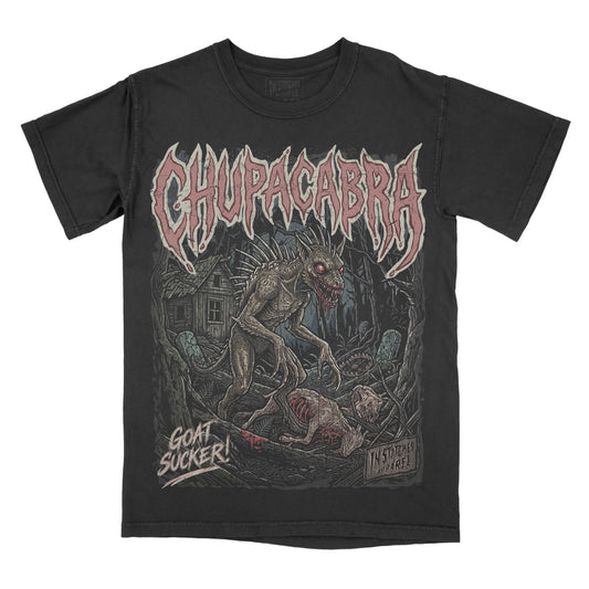A black short-sleeve graphic t-shirt featuring the band Chupacabra with a large horror-themed illustration on the front, including the text 'Chupacabra' and 'Goat Sucker!'.