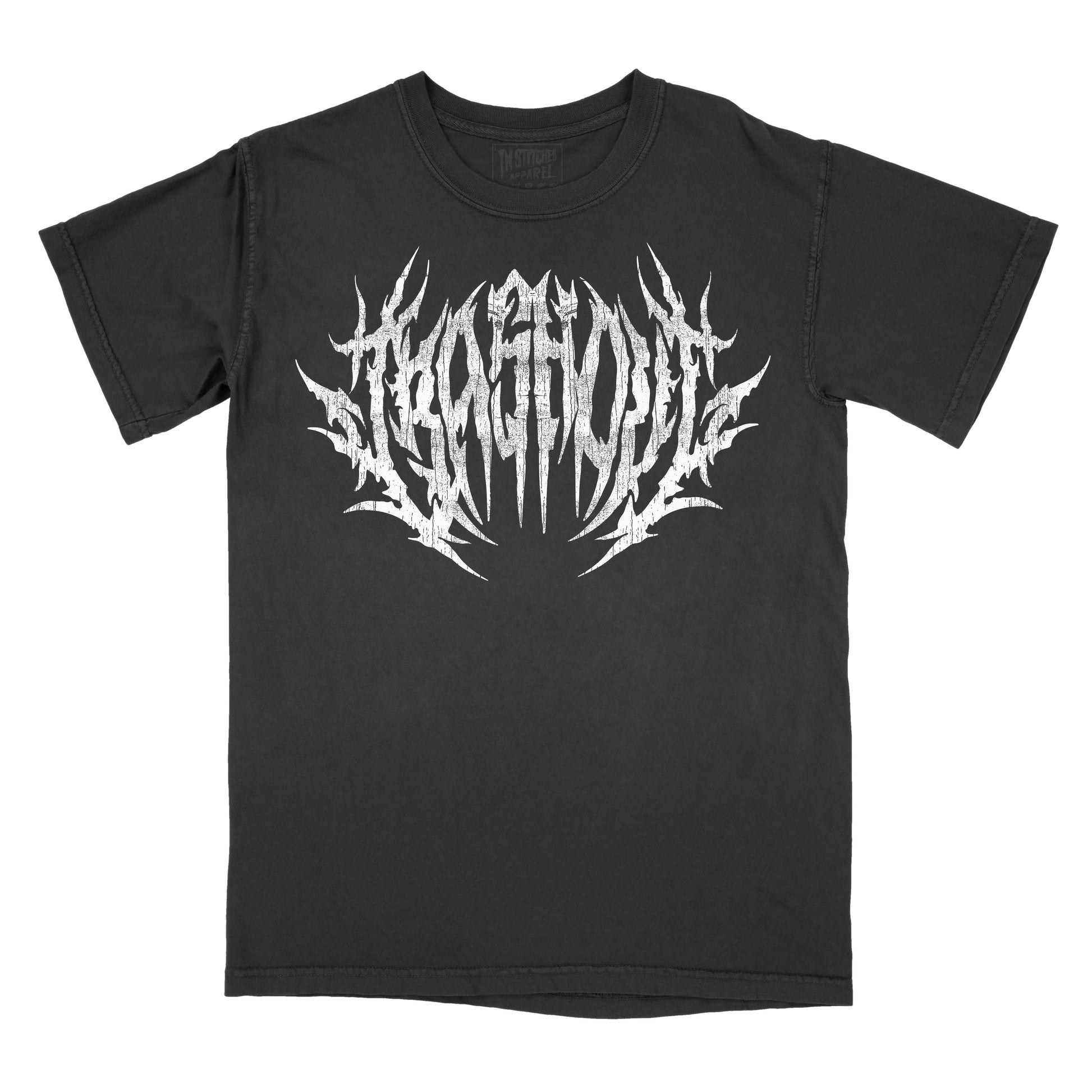 Black vintage-wash graphic T-shirt featuring the phrase "CRASH OUT" in a distressed white metal-inspired font with sharp spikes and symmetrical black metal logo styling. 