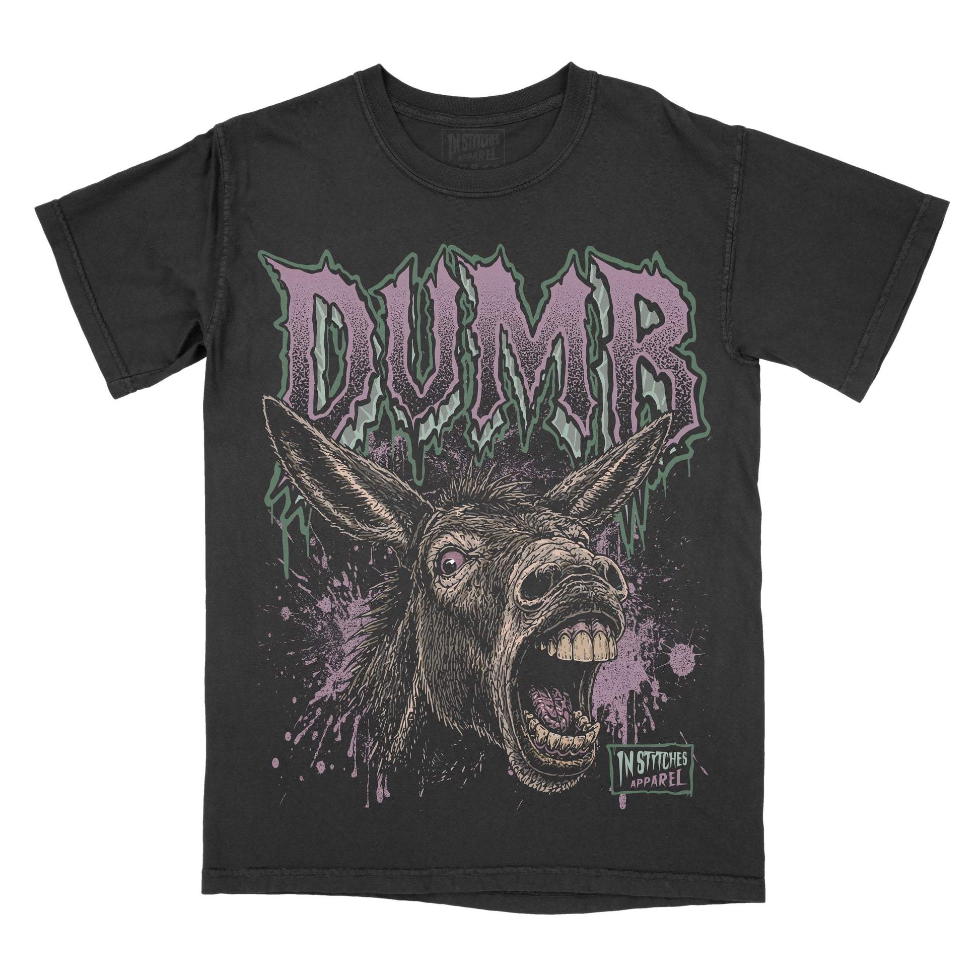 A black graphic t-shirt featuring a screaming donkey illustration and the word 'DUMB' in a stylized purple and green font.