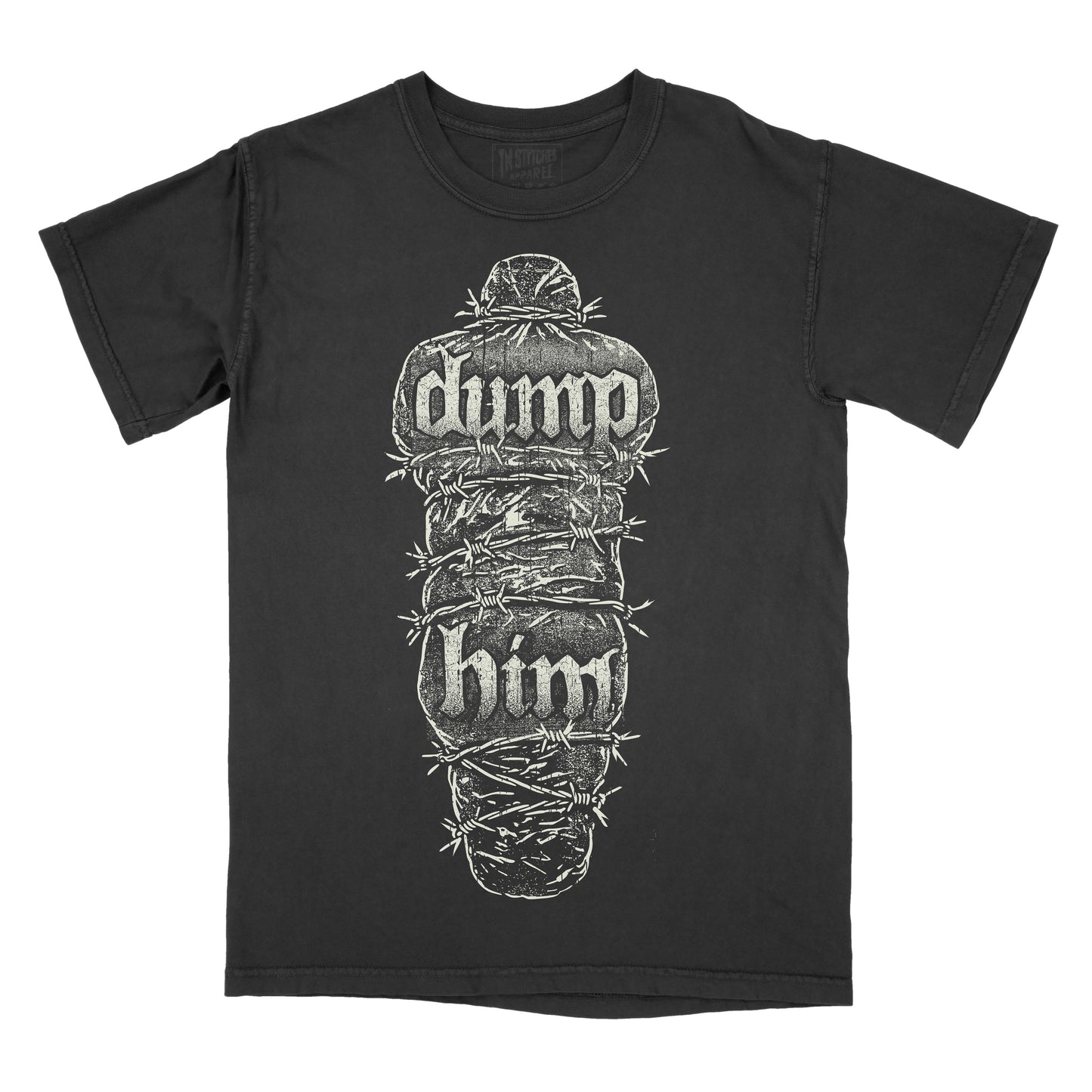 Black garment-dyed graphic t-shirt featuring the phrase "Dump Him" in distressed gothic lettering on a body bag wrapped in barbed wire, creating a dark horror-inspired alternative design.