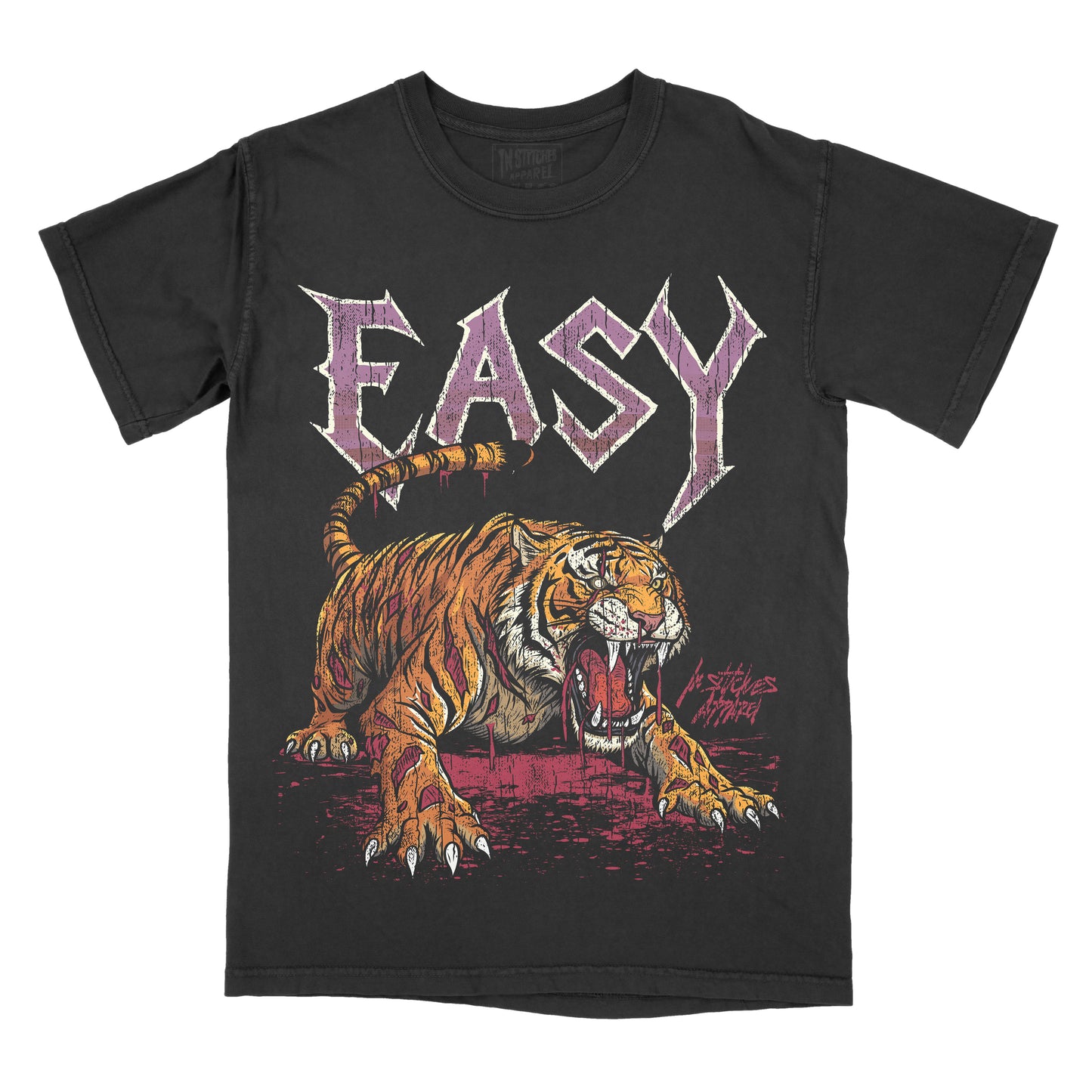 A black short-sleeve graphic t-shirt featuring a large printed design of a roaring tiger beneath the word 'EASY' in a stylized purple font.