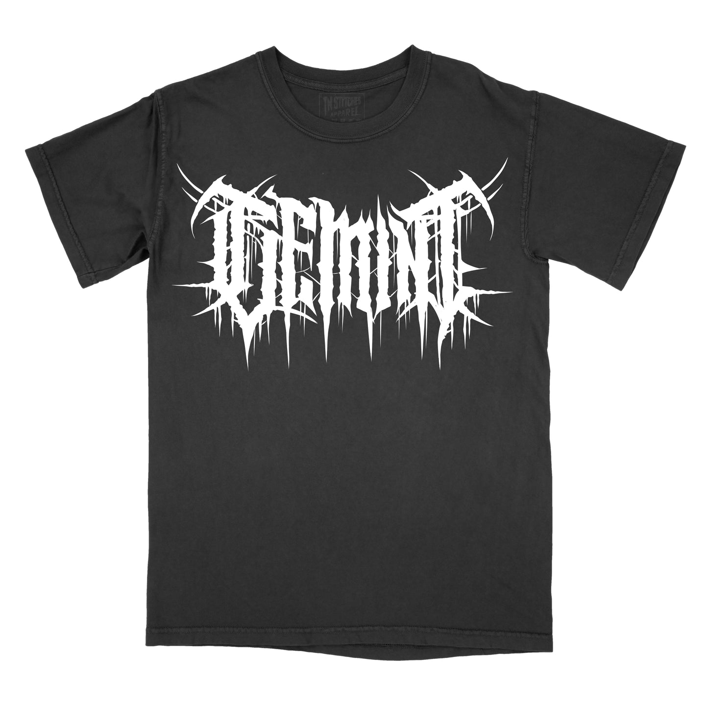 Black T-shirt with the word "gemini" in a white, spiked heavy metal-style font centered across the chest