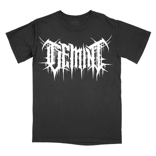 Black T-shirt with the word "gemini" in a white, spiked heavy metal-style font centered across the chest