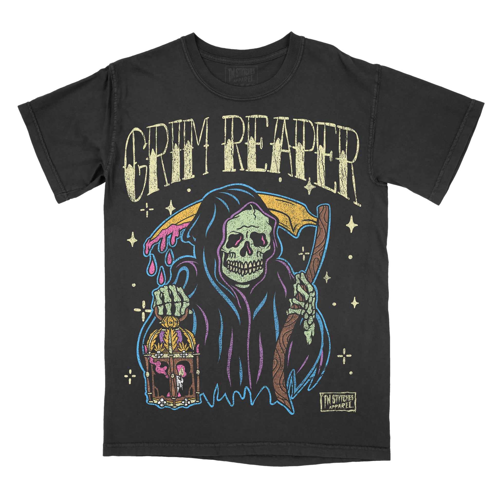 A black short-sleeve graphic t-shirt featuring a stylized Grim Reaper design with the words 'GRIM REAPER' in distressed cream lettering above. The graphic depicts the hooded Reaper holding a scythe and a birdcage, with colorful neon-like accents in blue, pink, and yellow on a plain white background.