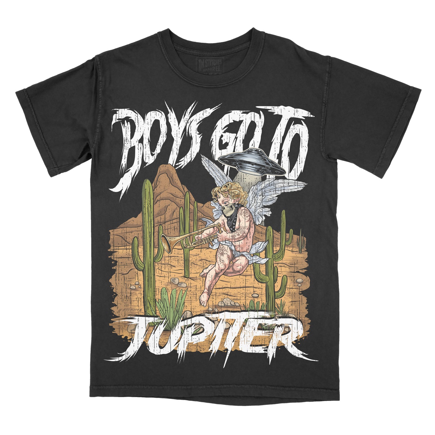 A black short-sleeve graphic t-shirt featuring a stylized illustration of a winged male figure riding a horse across a desert with cacti, with the text 'BOYS GO TO JUPITER' in a distressed white font.