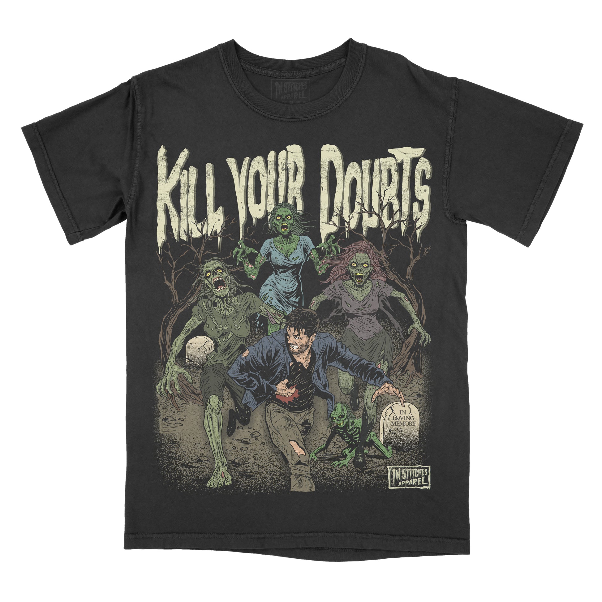 Black vintage-wash graphic T-shirt featuring the phrase "Kill Your Doubts" above a man running from a horde of zombies through a graveyard. The horror-inspired artwork includes undead figures, tombstones, dead trees, and a dark apocalyptic atmosphere.