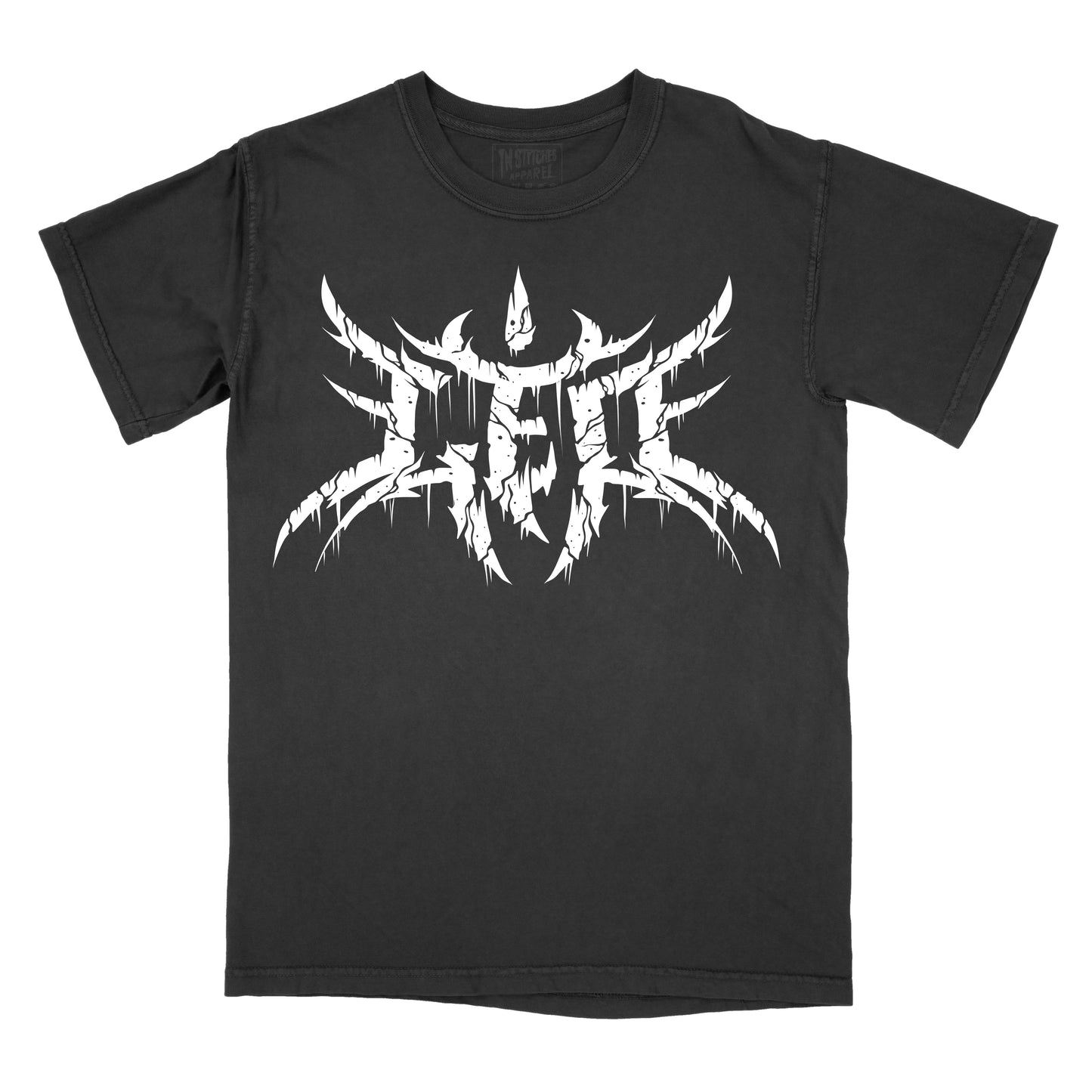 Black T-shirt with the word "leo" in a white, spiked heavy metal-style font centered across the chest