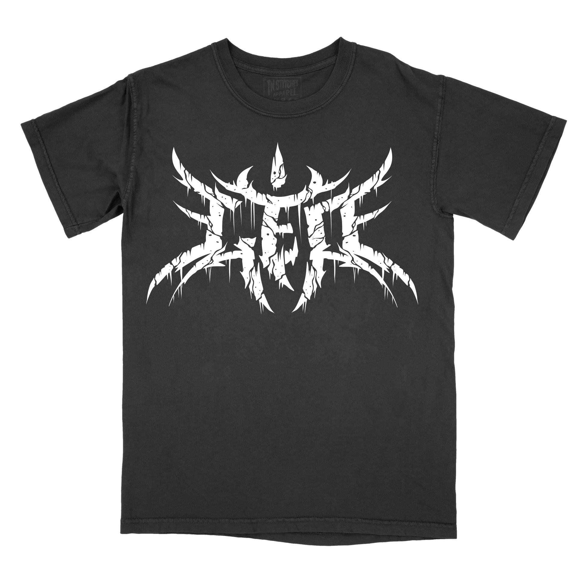 Black T-shirt with the word "leo" in a white, spiked heavy metal-style font centered across the chest