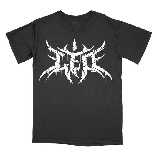 Black T-shirt with the word "leo" in a white, spiked heavy metal-style font centered across the chest