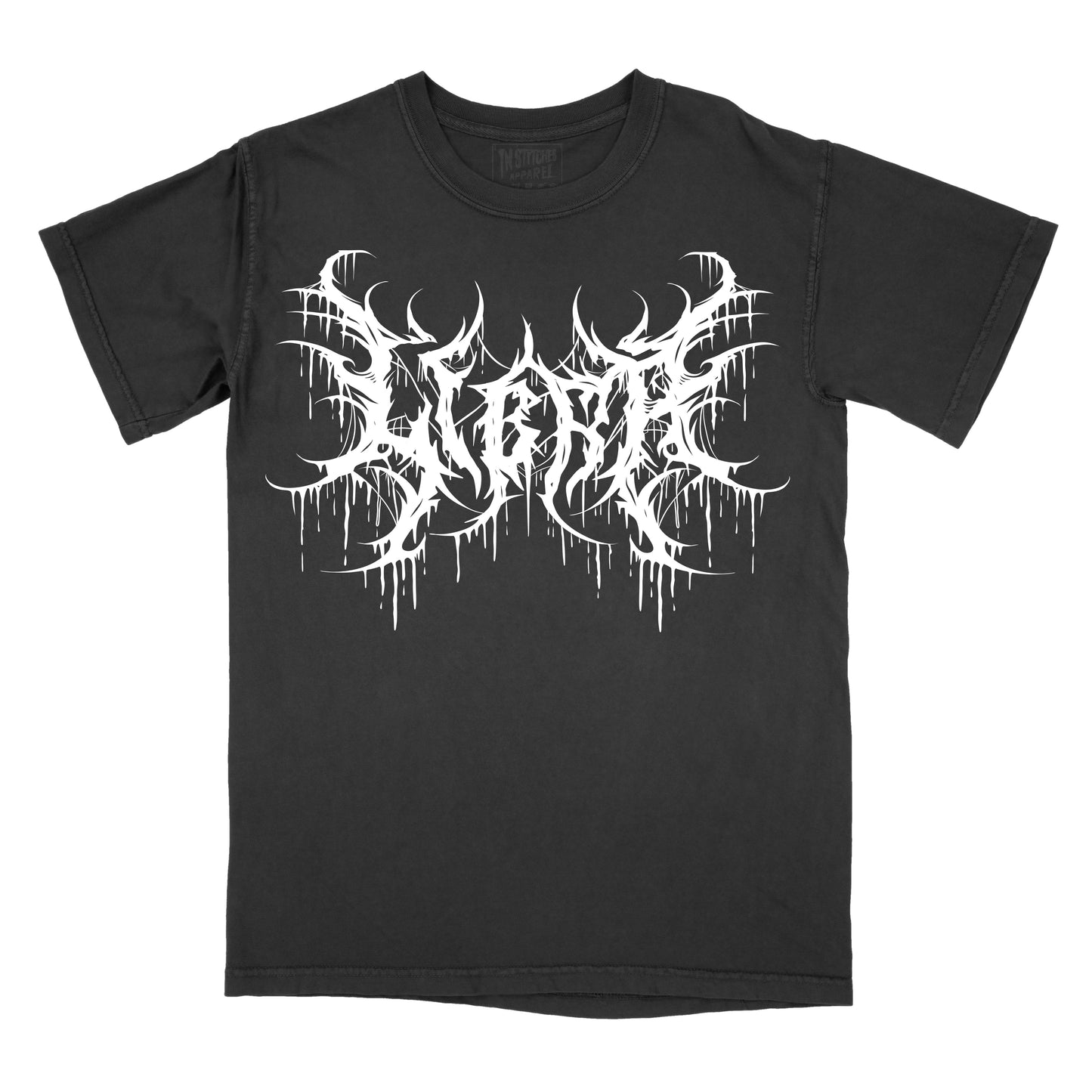 Black T-shirt with the word "libra" in a white, spiked heavy metal-style font centered across the chest