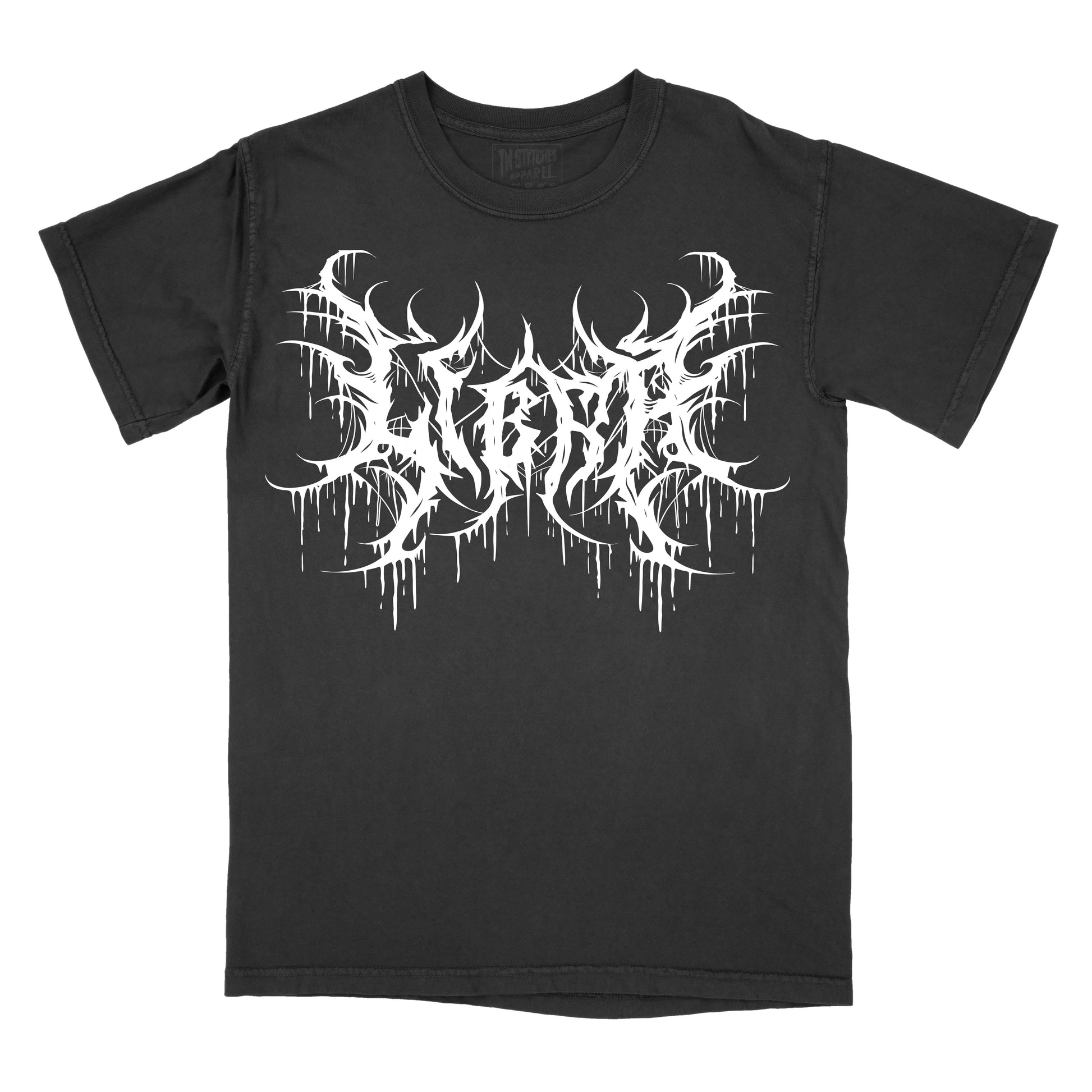 Black T-shirt with the word "libra" in a white, spiked heavy metal-style font centered across the chest