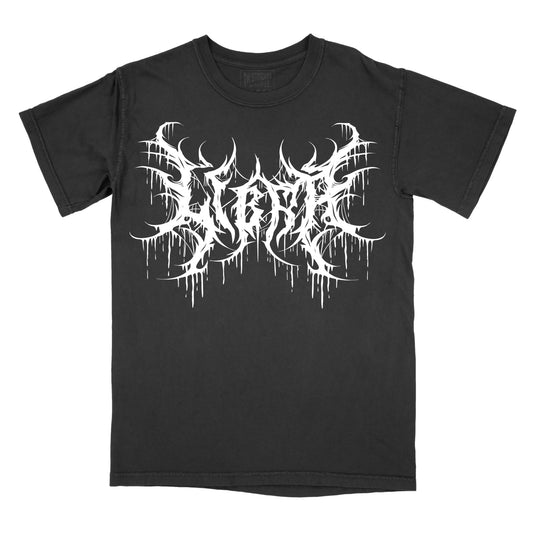 Black T-shirt with the word "libra" in a white, spiked heavy metal-style font centered across the chest