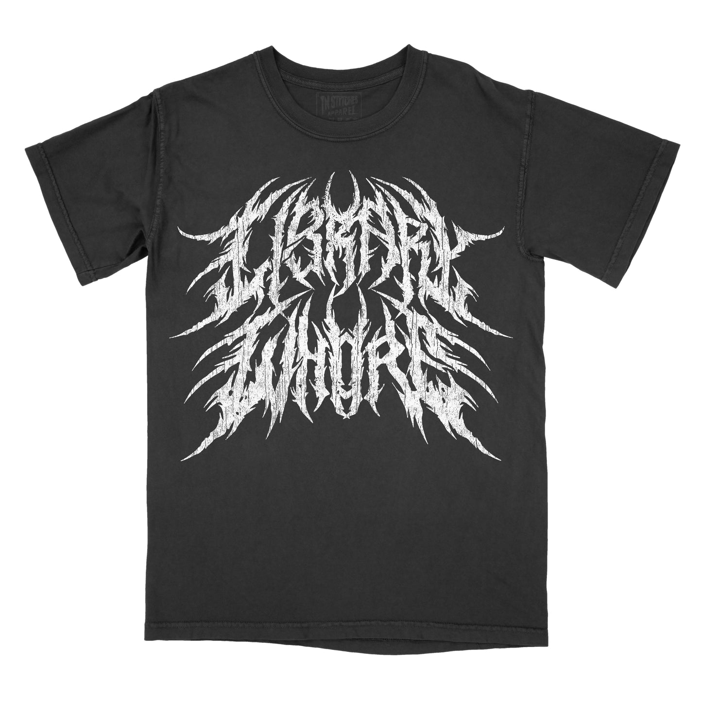 A black short-sleeve t-shirt with a large, stylized white graphic on the front that reads 'Library Whore' in a jagged, spiky font, displayed flat against a solid white background.