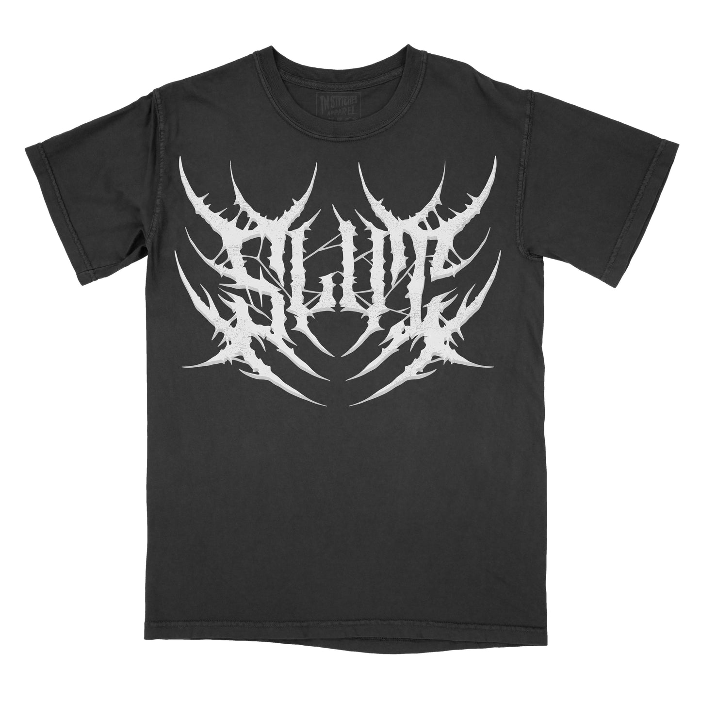 Black vintage-wash graphic T-shirt featuring the word "SLUT" in a distressed white metal-inspired font with sharp thorn-like spikes and web detailing, creating a bold gothic aesthetic. 