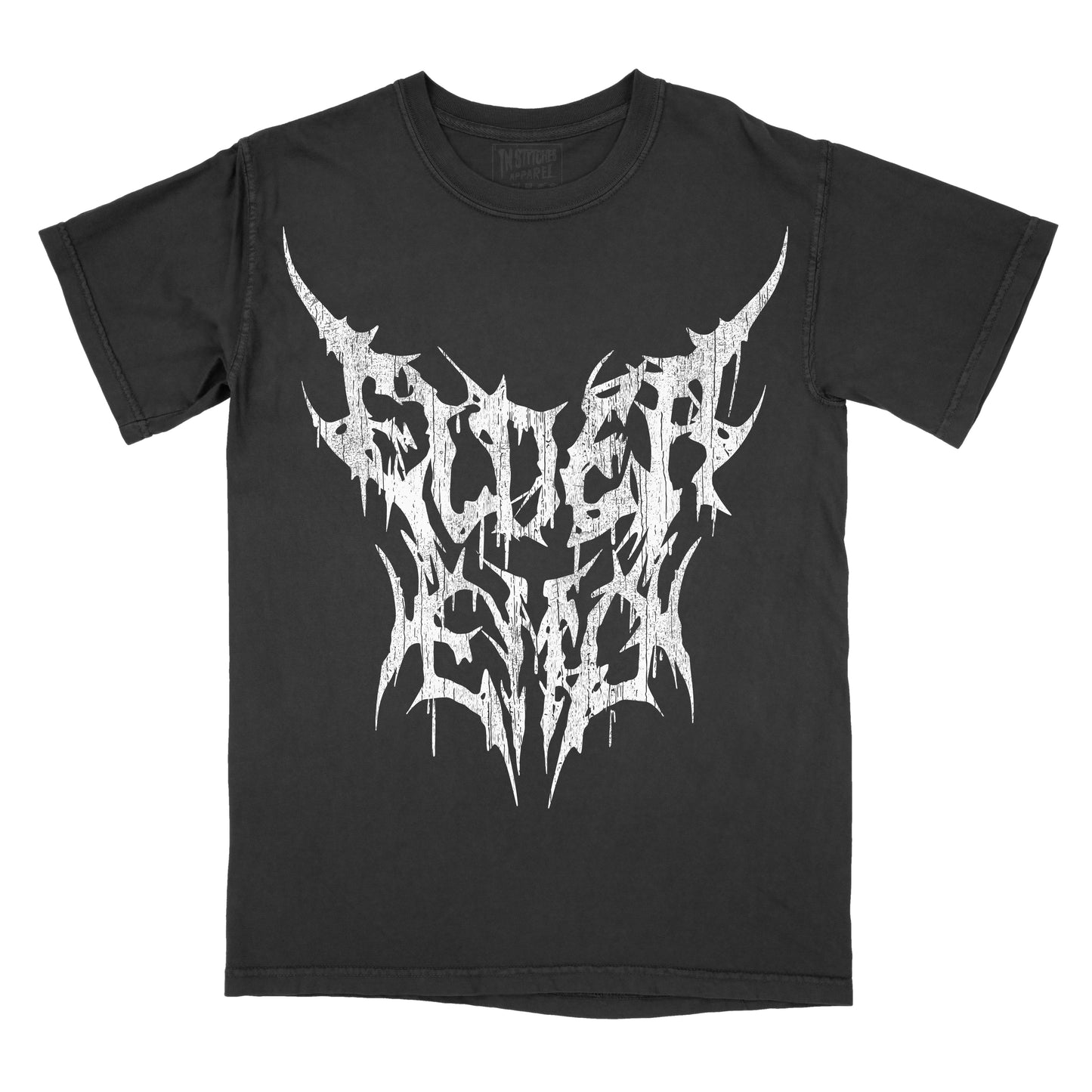 Black T-shirt featuring the words "ELDER EMO" in a distressed white heavy metal-inspired font with sharp spikes, pointed edges, and dripping details.