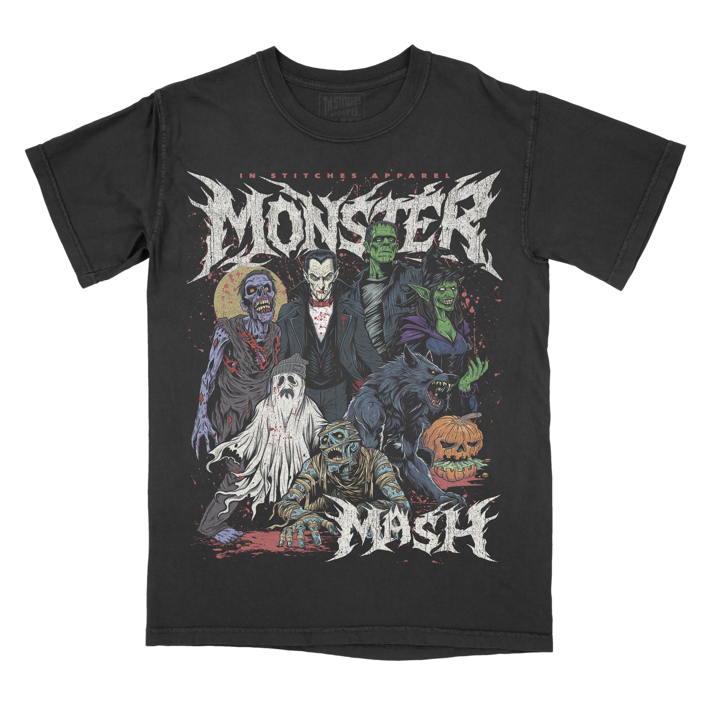 Black vintage-style t-shirt featuring bold gothic lettering that reads ‘Monster Mash.’ The design shows a group of classic horror characters including a zombie, vampire, Frankenstein’s monster, witch, ghost, mummy, werewolf, and a carved jack-o’-lantern. The artwork uses muted tones with green, purple, orange, and red accents in a distressed, horror-themed illustration. ‘In Stitches Apparel’ branding appears above the design.