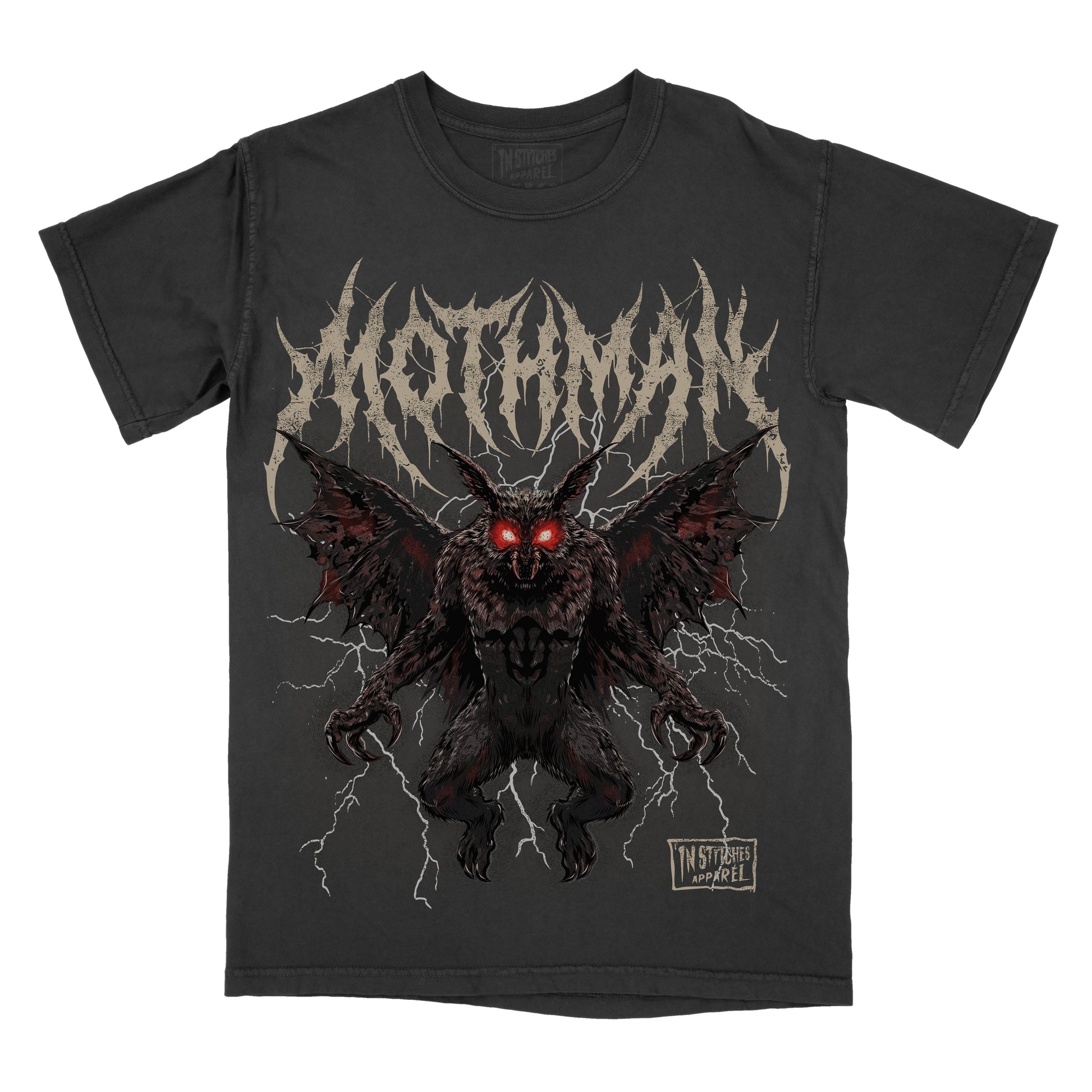 A black short-sleeve graphic t-shirt featuring the name 'Mothman' in a jagged off-white font above a detailed illustration of a dark, winged creature with glowing red eyes and lightning effects. A small 'In Stitches Apparel' logo is visible on the bottom right of the graphic.