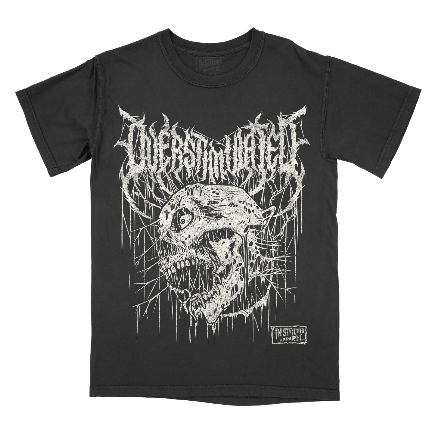 A black short-sleeve graphic t-shirt featuring a white distressed metal logo that reads 'overstimulated' above a detailed white skull illustration with dripping paint effects. A small 'In Stitches Apparel' brand label is visible on the lower right of the graphic.