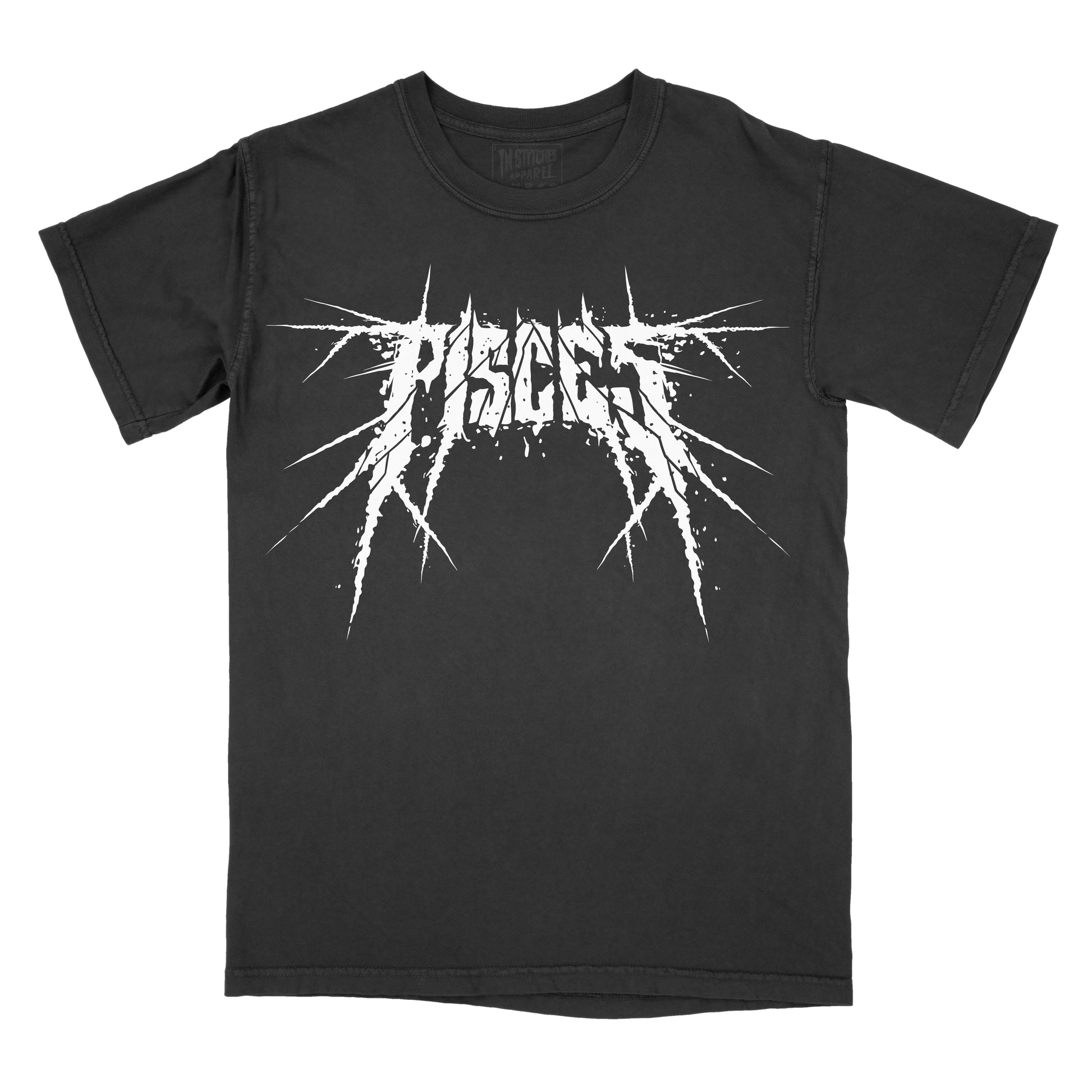 Black T-shirt with the word "pisces" in a white, spiked heavy metal-style font centered across the chest