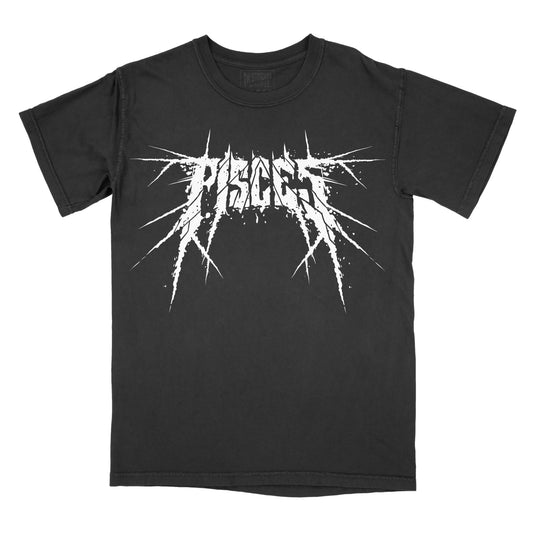 Black T-shirt with the word "pisces" in a white, spiked heavy metal-style font centered across the chest