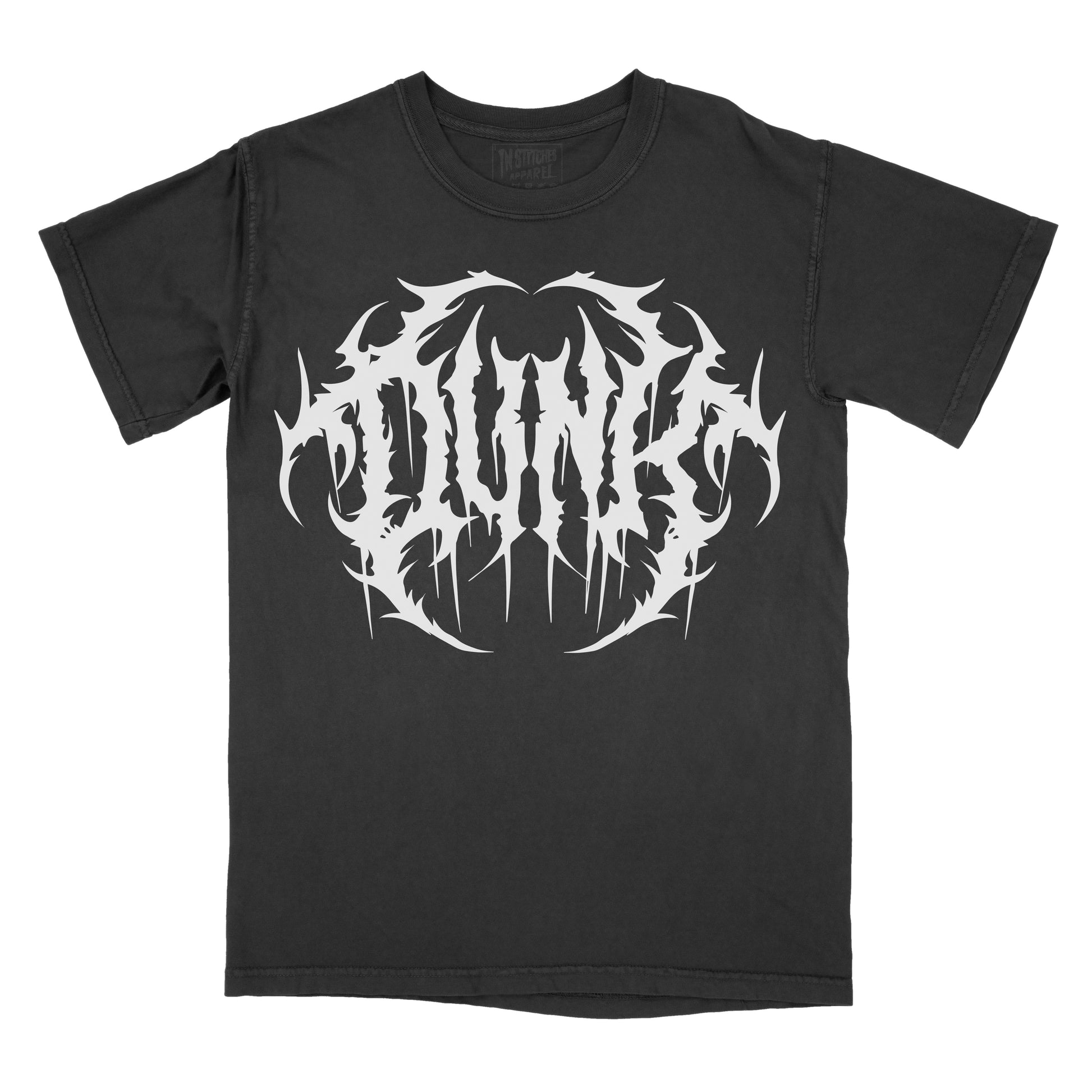 Black T-shirt featuring the word "PUNK" in a white heavy metal-inspired font with mirrored, jagged lettering, sharp spikes, and dripping details.