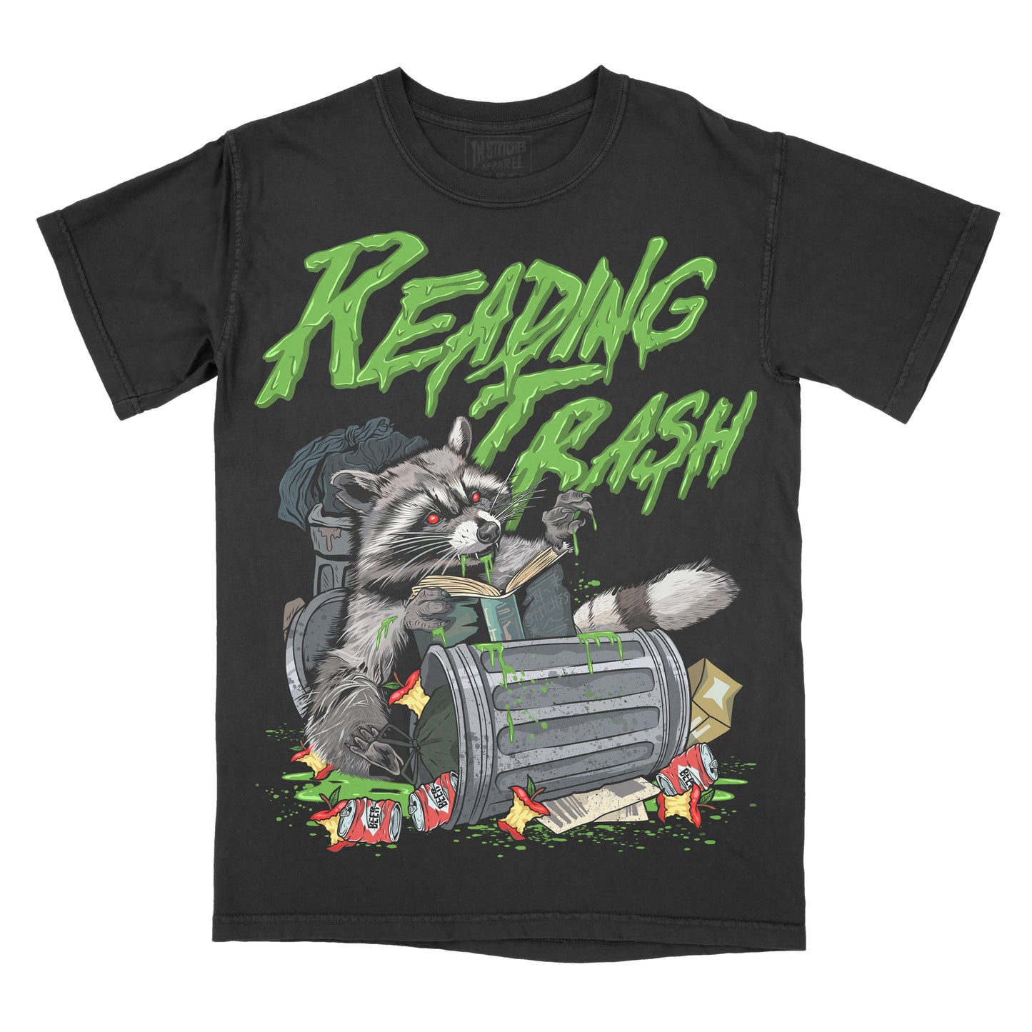 Black t-shirt with a raccoon graphic and 'Reading Trash' text on a white background