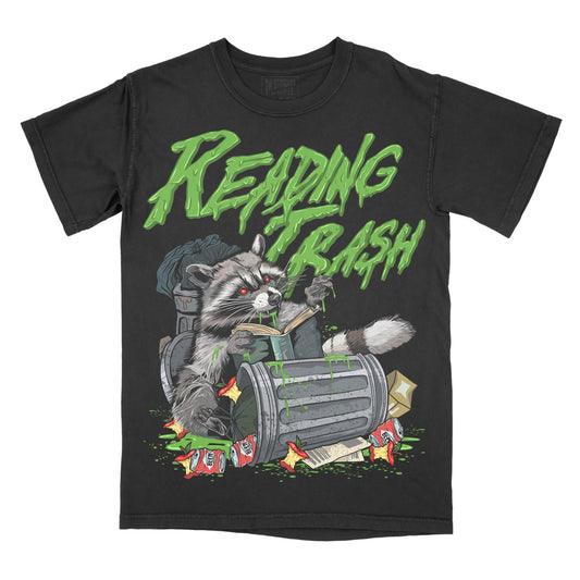 Black t-shirt with a raccoon graphic and 'Reading Trash' text on a white background
