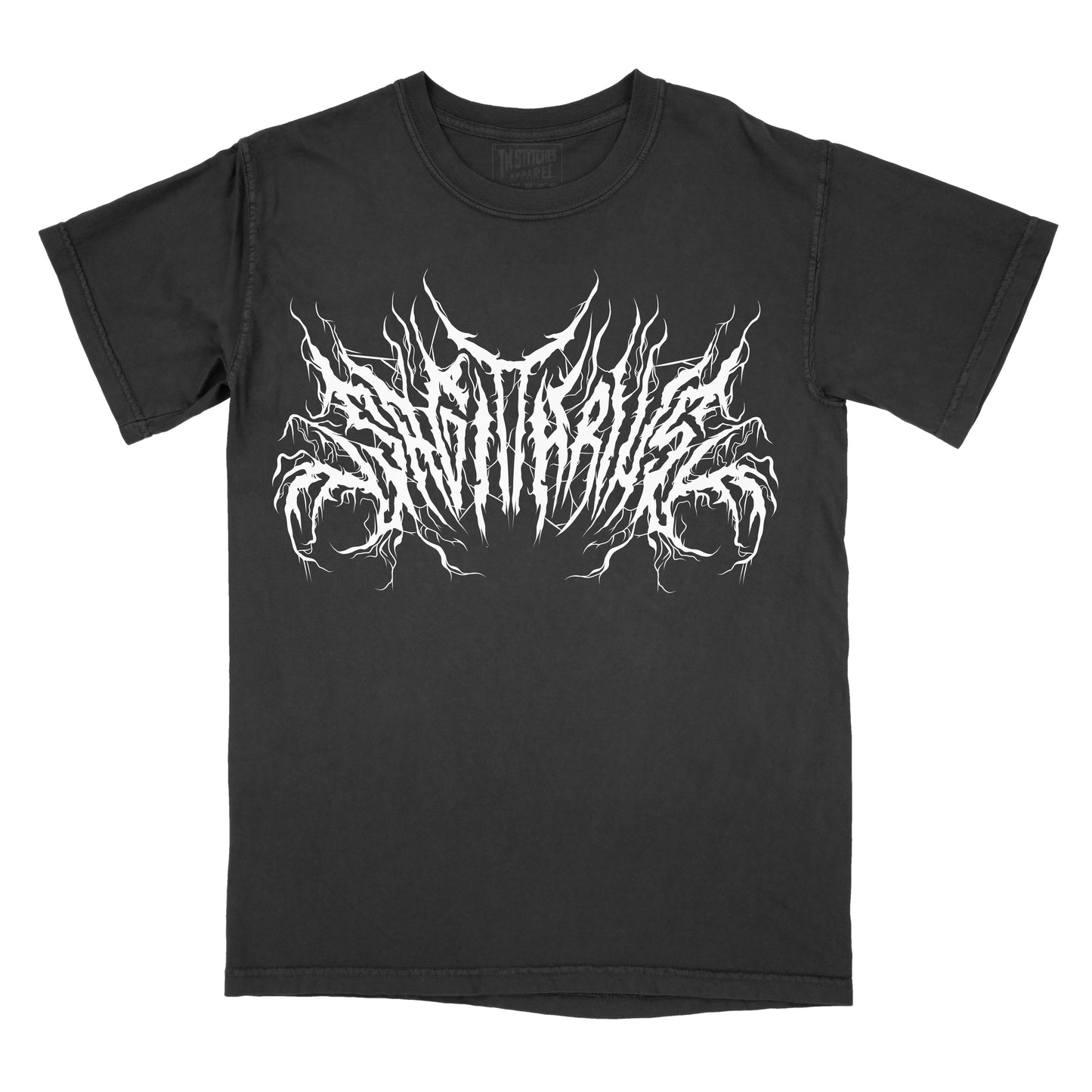 Black T-shirt with the word "Sagittarius" in a white, spiked heavy metal-style font centered across the chest