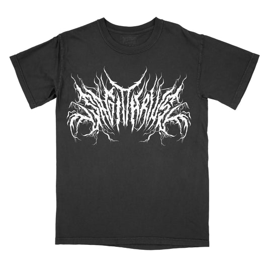 Black T-shirt with the word "Sagittarius" in a white, spiked heavy metal-style font centered across the chest
