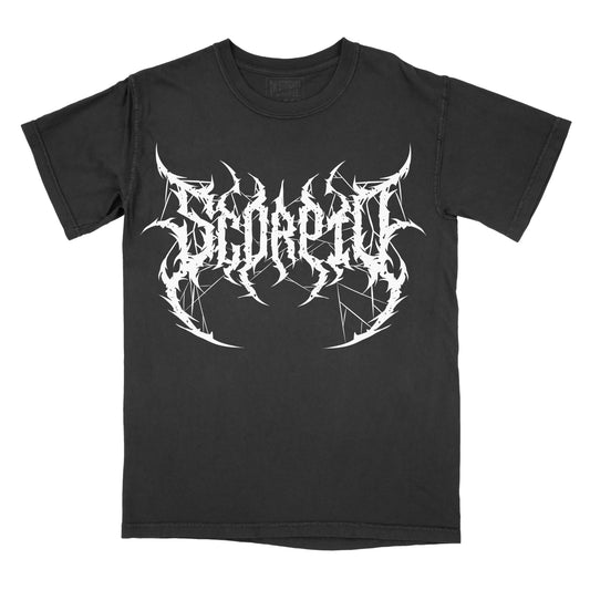 Black T-shirt with the word "scorpio" in a white, spiked heavy metal-style font centered across the chest