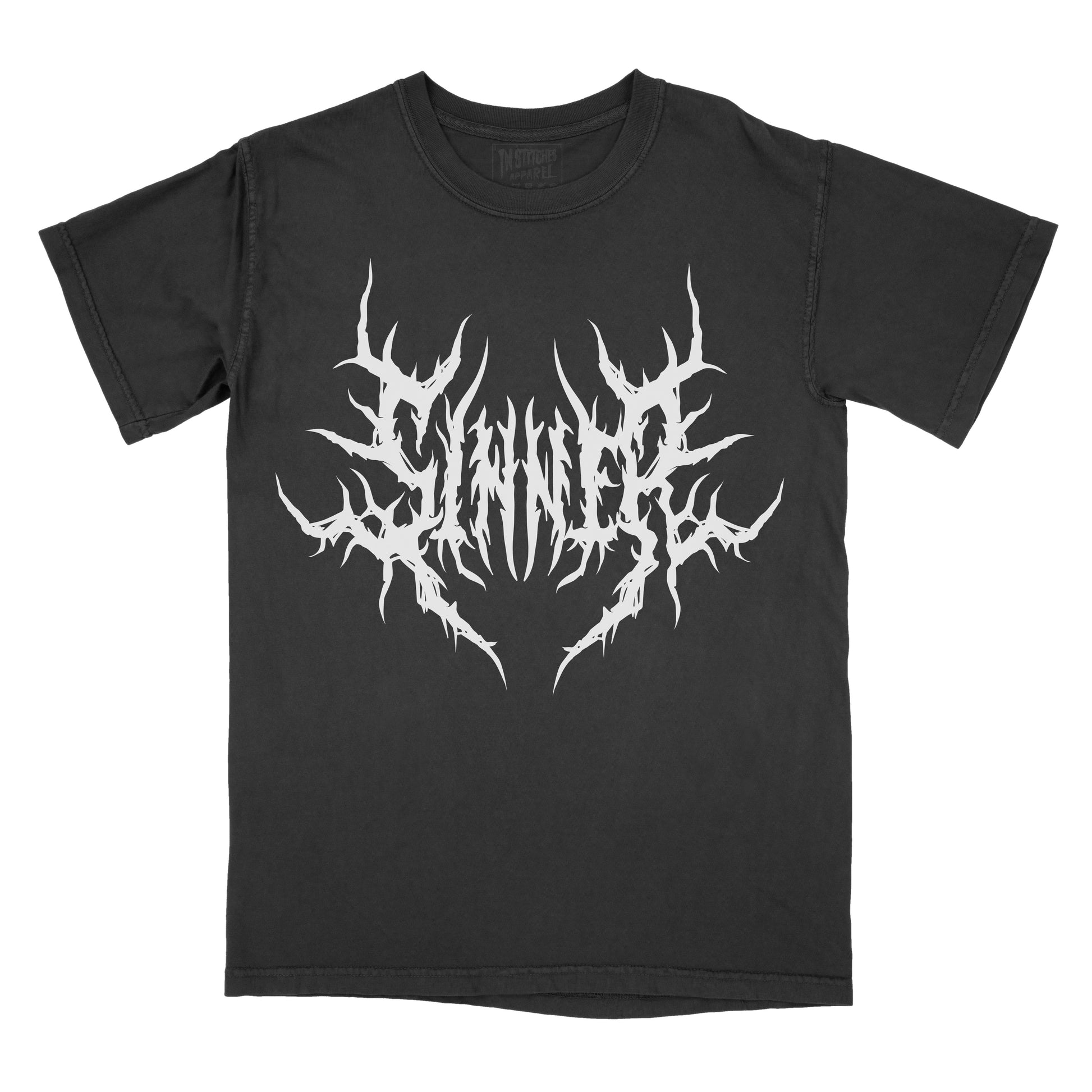 Black T-shirt featuring the word "SINNER" in a white heavy metal-inspired font with mirrored, jagged lettering, sharp thorn-like spikes, and pointed symmetrical details.