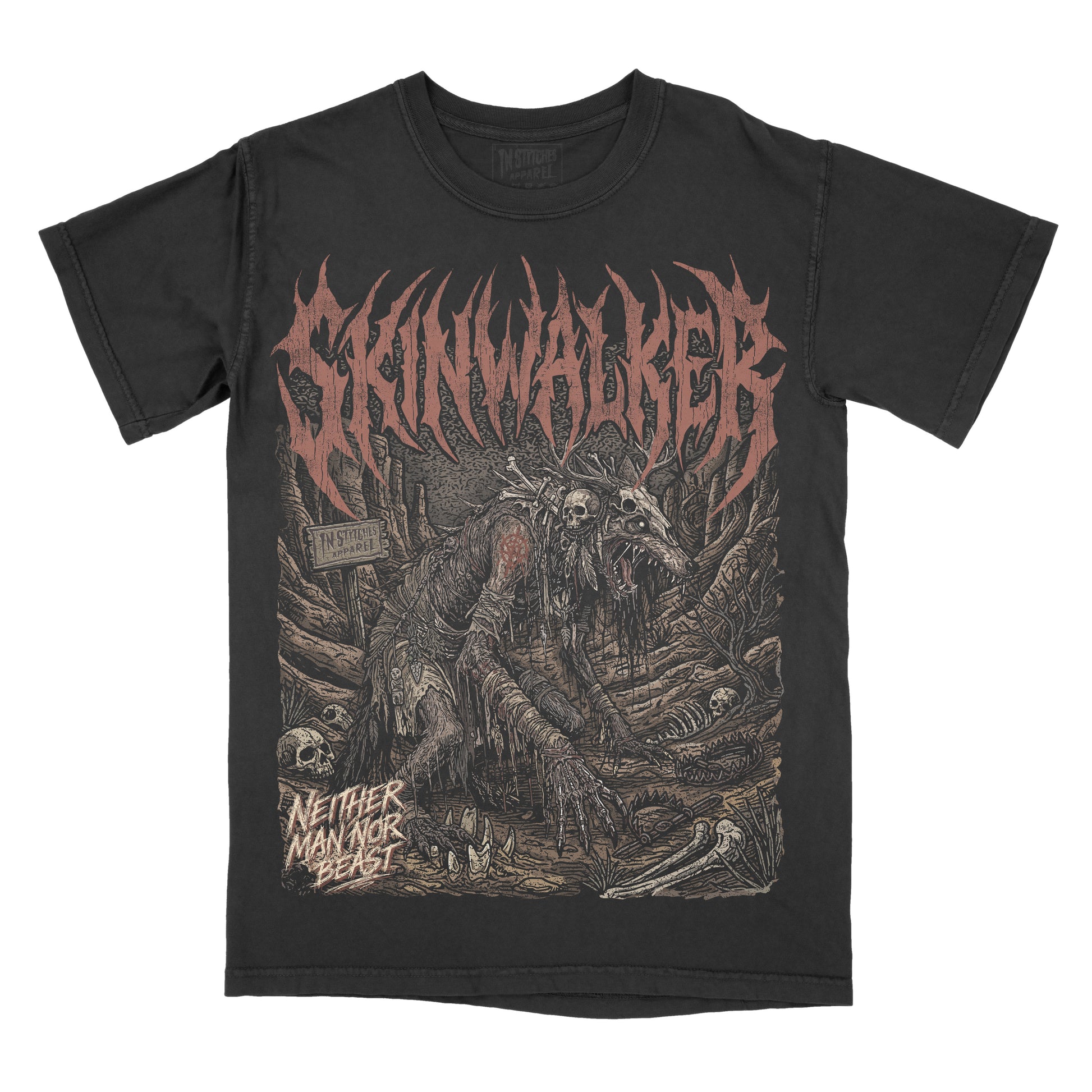 Black graphic t-shirt featuring an original illustration of a skeletal Skinwalker creature with gothic lettering and dark forest-inspired artwork.