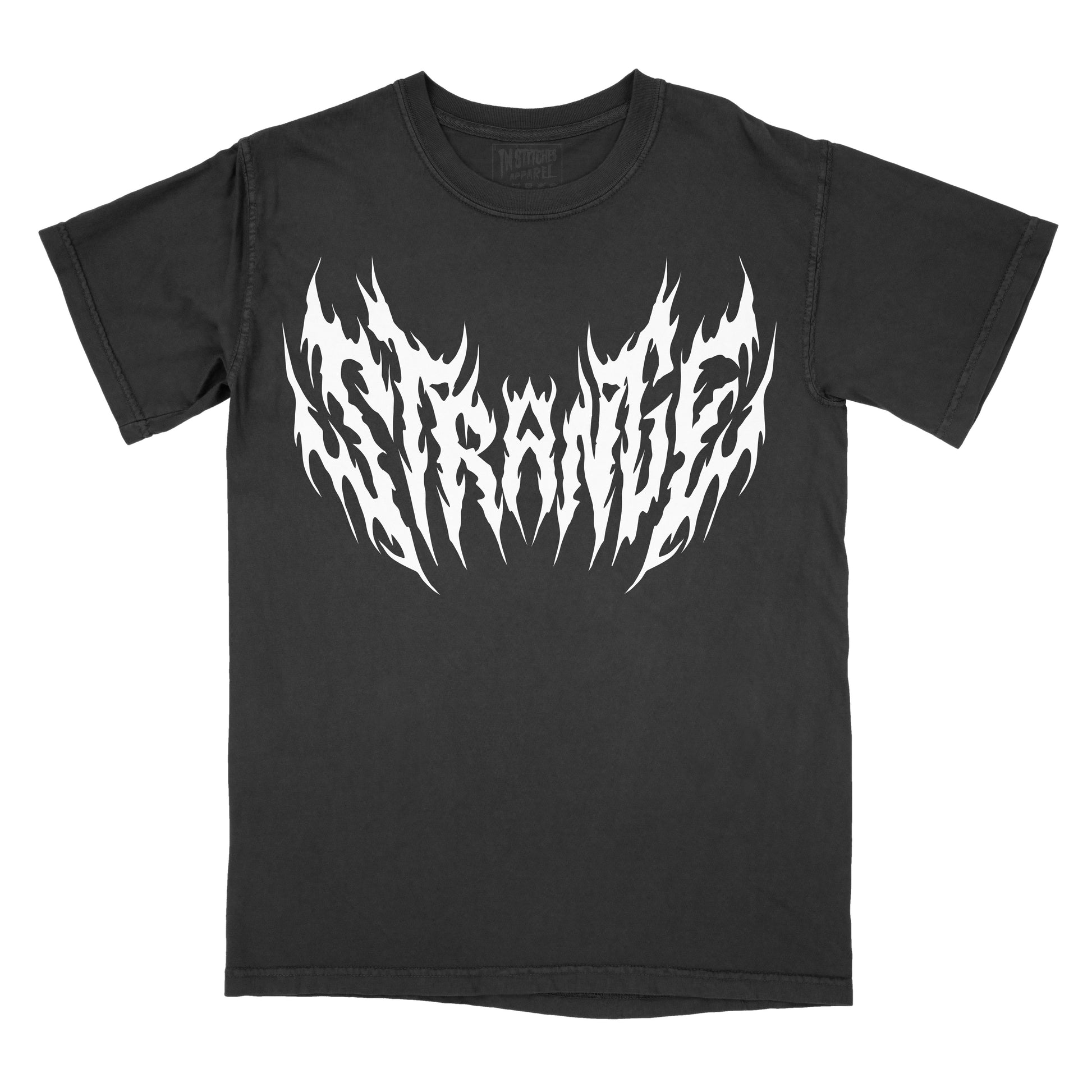 Black vintage-wash graphic T-shirt featuring the word "STRANGE" in a bold white metal-inspired font with sharp flame-like edges and symmetrical black metal logo styling