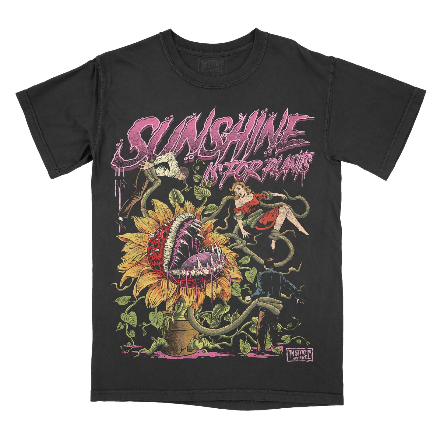 A black short-sleeve graphic t-shirt featuring a detailed horror illustration of a giant sunflower with a screaming mouth, green vines, a girl in a red dress, and the text 'SUNSHINE IS FOR PLANTS' in dripping pink lettering.