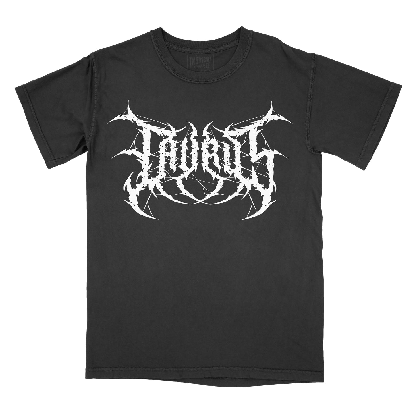 Black T-shirt with the word "Taurus" in a white, spiked heavy metal-style font centered across the chest