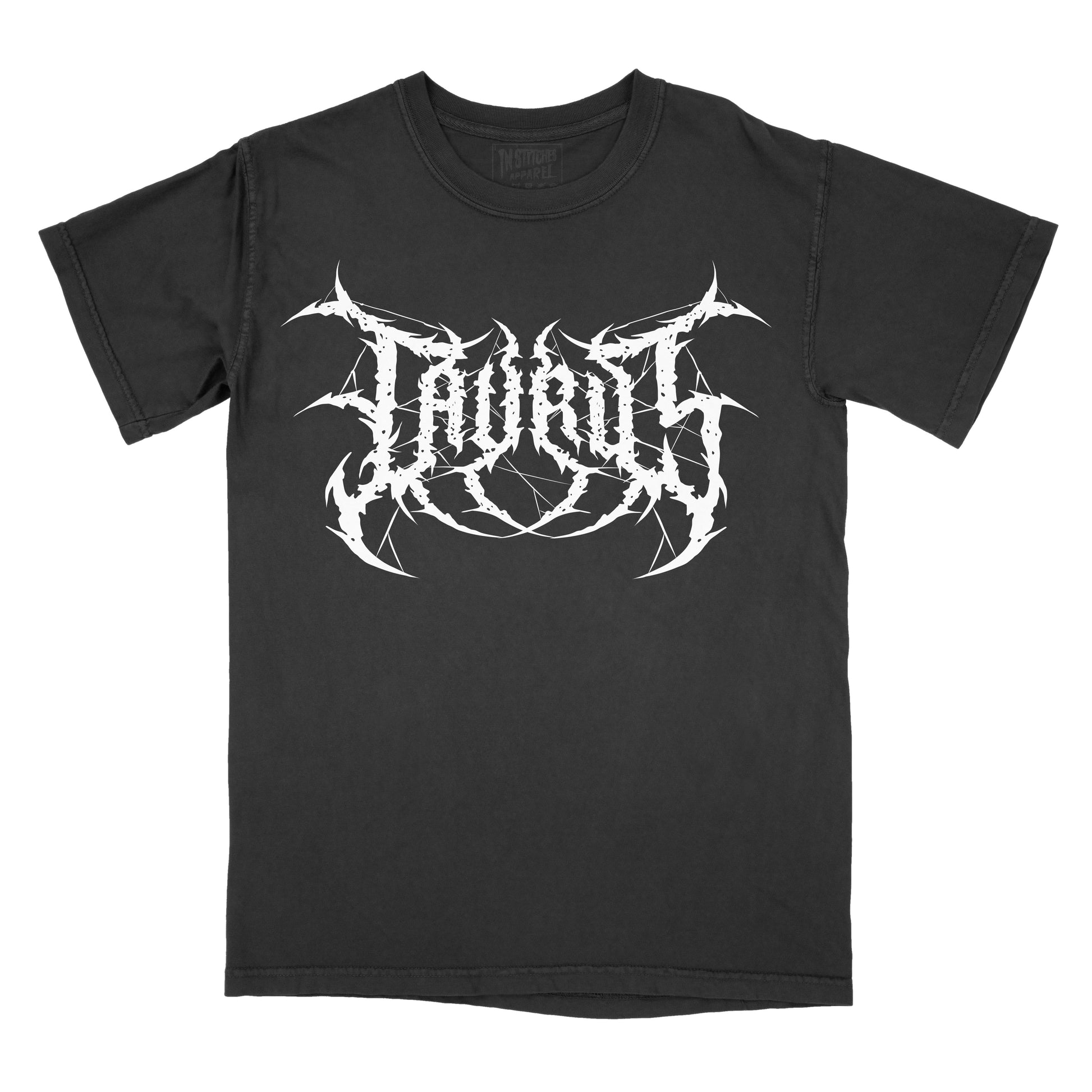 Black T-shirt with the word "Taurus" in a white, spiked heavy metal-style font centered across the chest