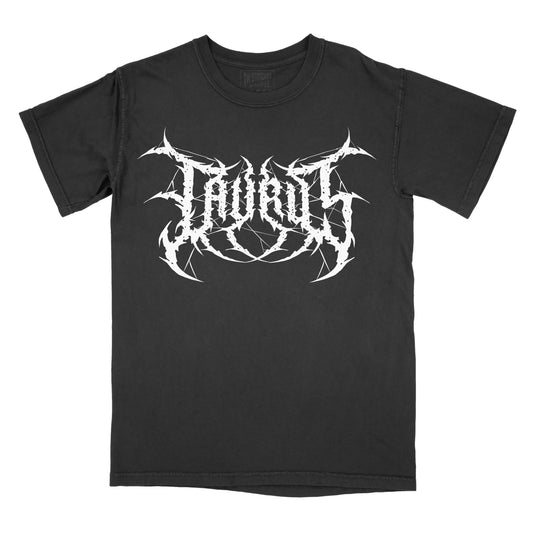 Black T-shirt with the word "Taurus" in a white, spiked heavy metal-style font centered across the chest