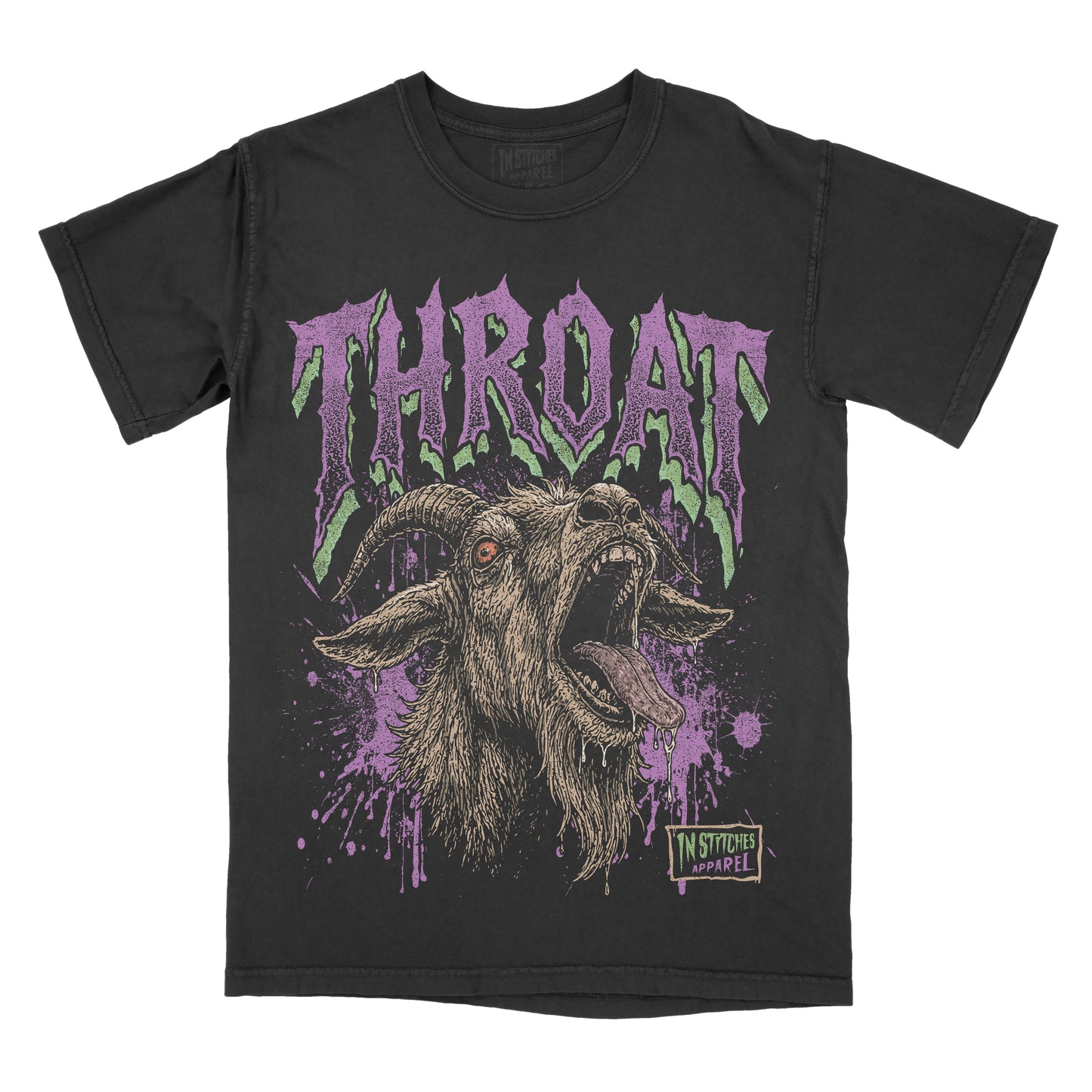 Black Comfort Colors graphic T-shirt featuring a detailed goat illustration with the word "Throat" in distressed gothic lettering and purple grunge accents.