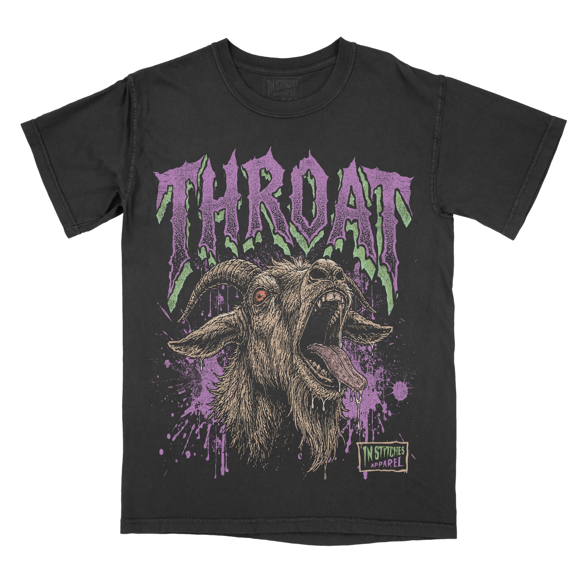 Black Comfort Colors graphic T-shirt featuring a detailed goat illustration with the word "Throat" in distressed gothic lettering and purple grunge accents.