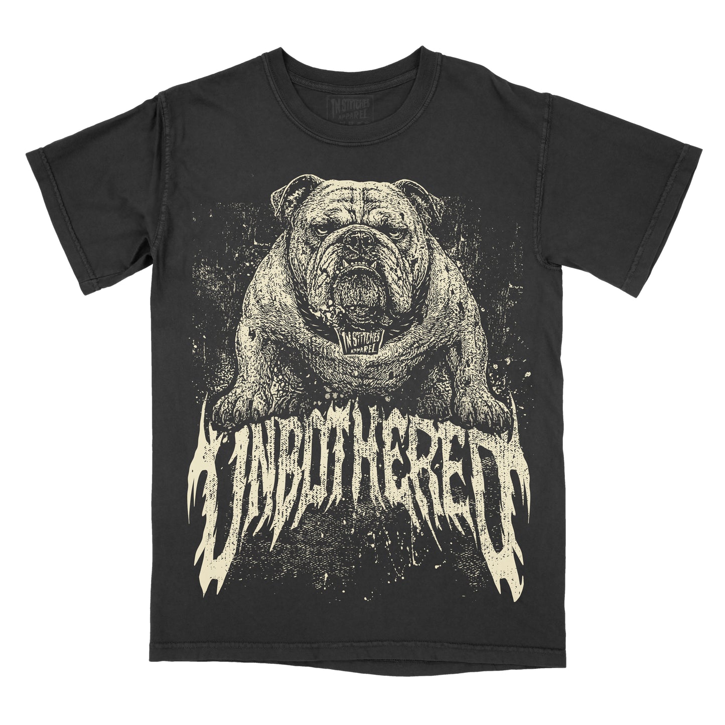 A black short-sleeve graphic t-shirt featuring a detailed illustration of a bulldog above the stylized text 'UNBOTHERED' in a distressed cream color, shown against a plain white background.