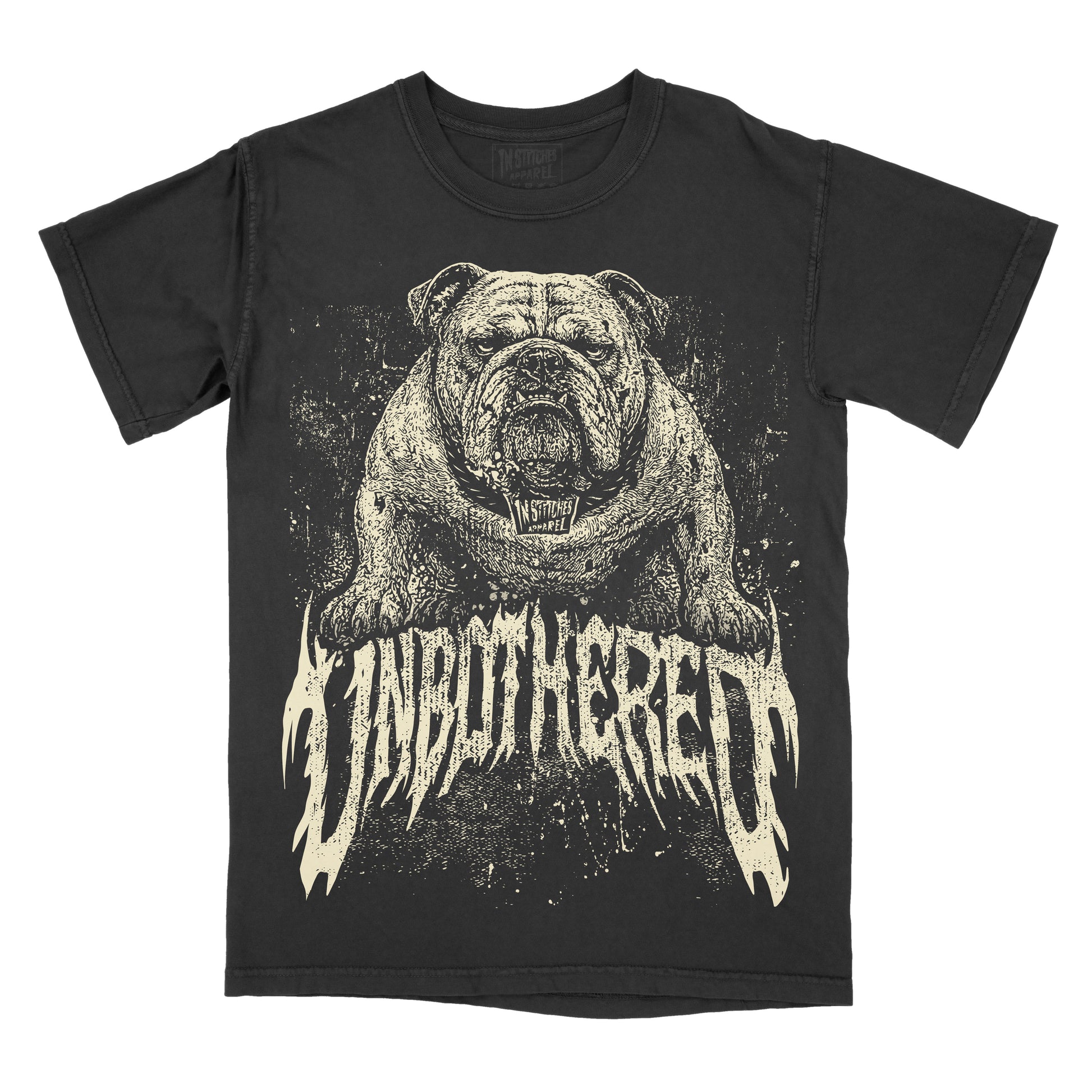 A black short-sleeve graphic t-shirt featuring a detailed illustration of a bulldog above the stylized text 'UNBOTHERED' in a distressed cream color, shown against a plain white background.