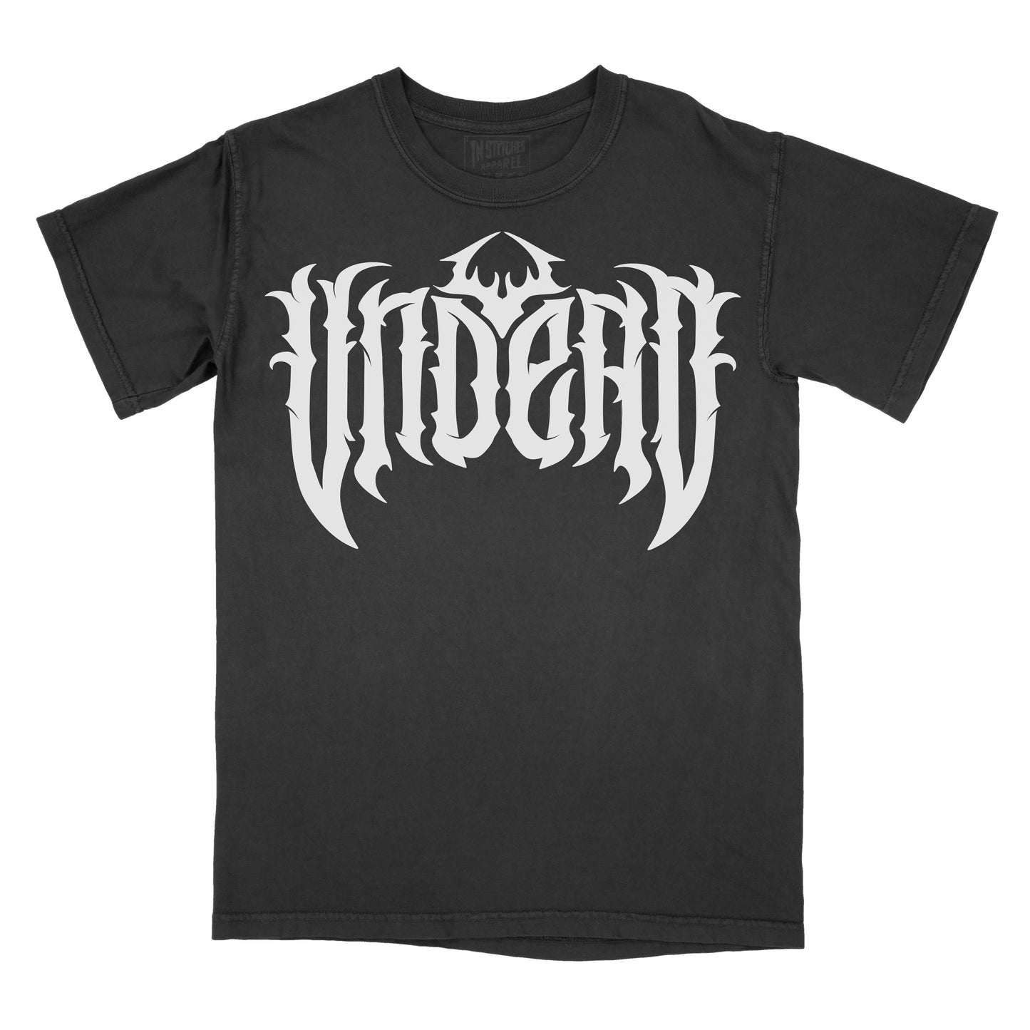 Black T-shirt featuring the word "UNDEAD" in a white gothic-inspired font with tall, pointed lettering and sharp, symmetrical flourishes.
