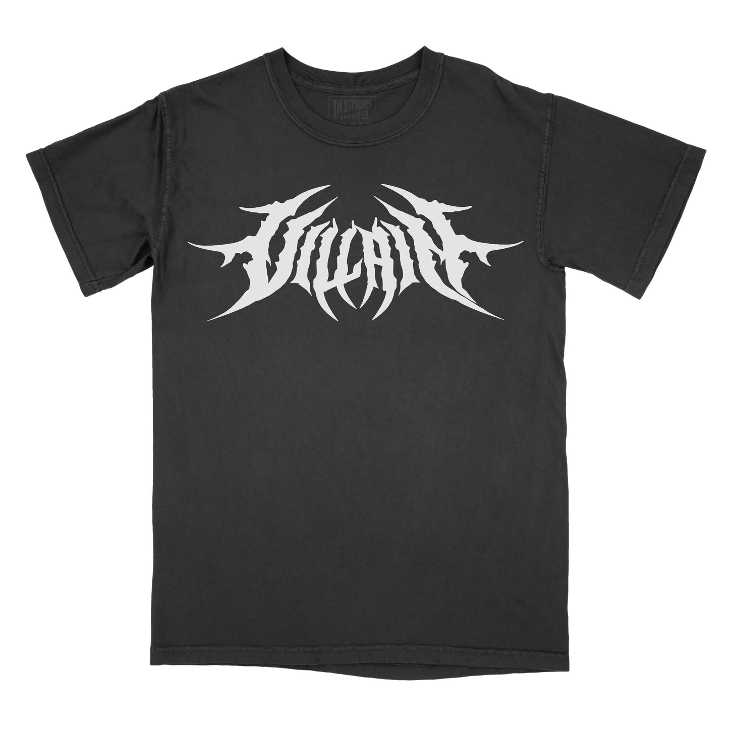 Black T-shirt featuring the word "VILLAIN" in a white heavy metal-inspired font with sharp, angular lettering, pointed spikes, and a symmetrical design.