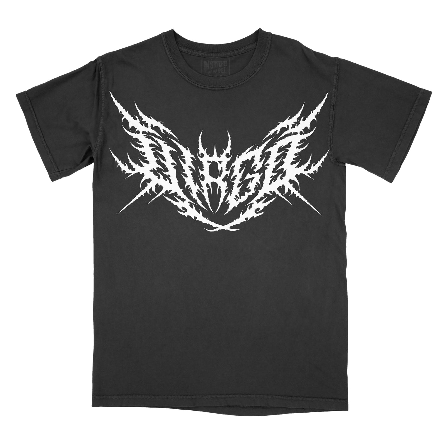 Black T-shirt with the word "VIRGO" in a white, spiked heavy metal-style font centered across the chest.