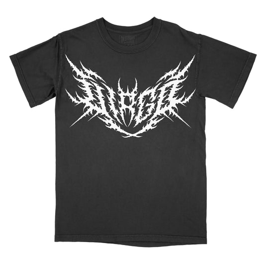 Black T-shirt with the word "VIRGO" in a white, spiked heavy metal-style font centered across the chest.